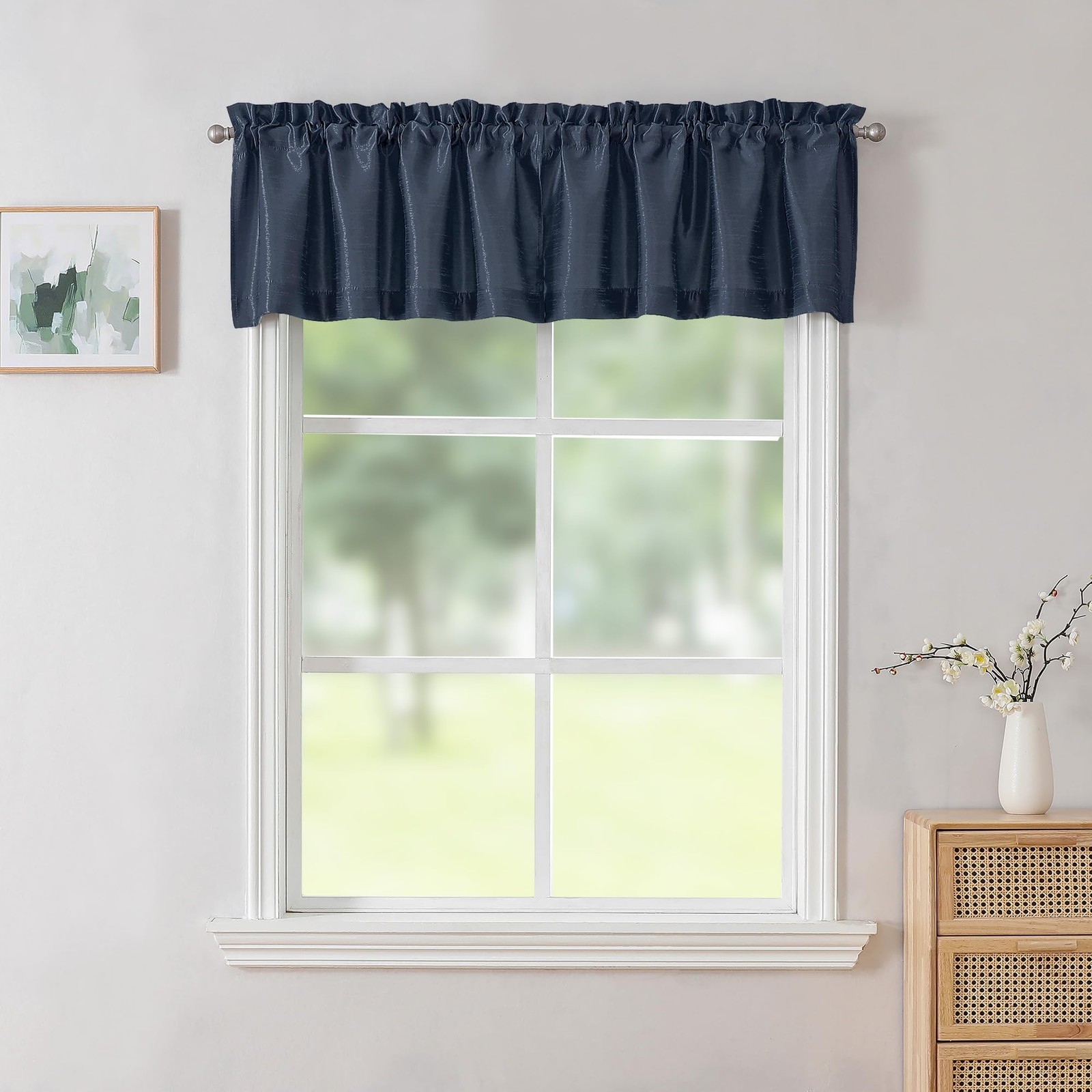 Uptown Navy Blue Valance for Window, Faux Silk Room Darkening Rod Pocket Slub…