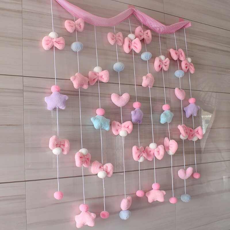 Kawaii Plush Window Door Curtain Pentagram Bow Pompom Ball Cute Home Decor