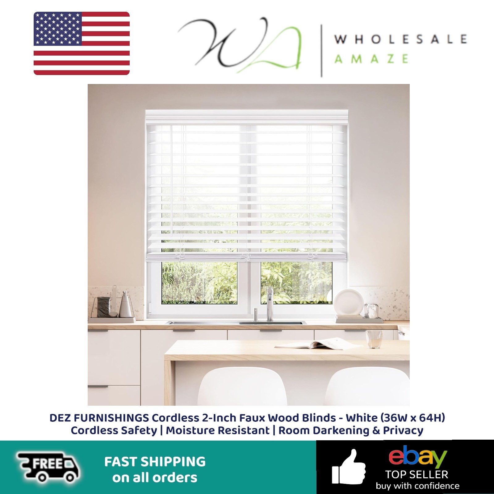 DEZ FURNISHINGS Cordless 2Inch Faux Wood Blinds White 36W x 64H Cordless Safety