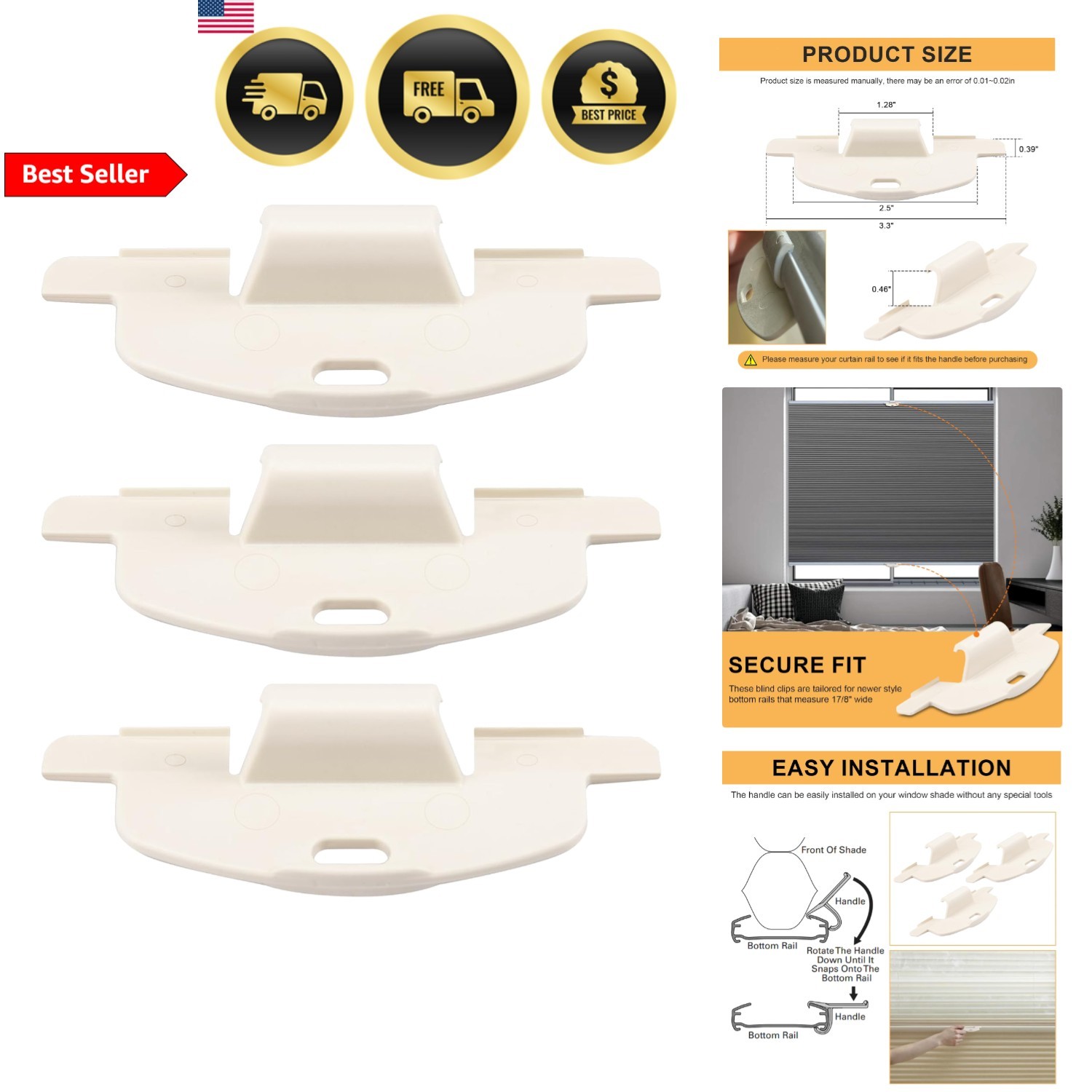 Cordless Shades Handles for LiteRise Duette Applause Honeycomb Blinds 3 Pack