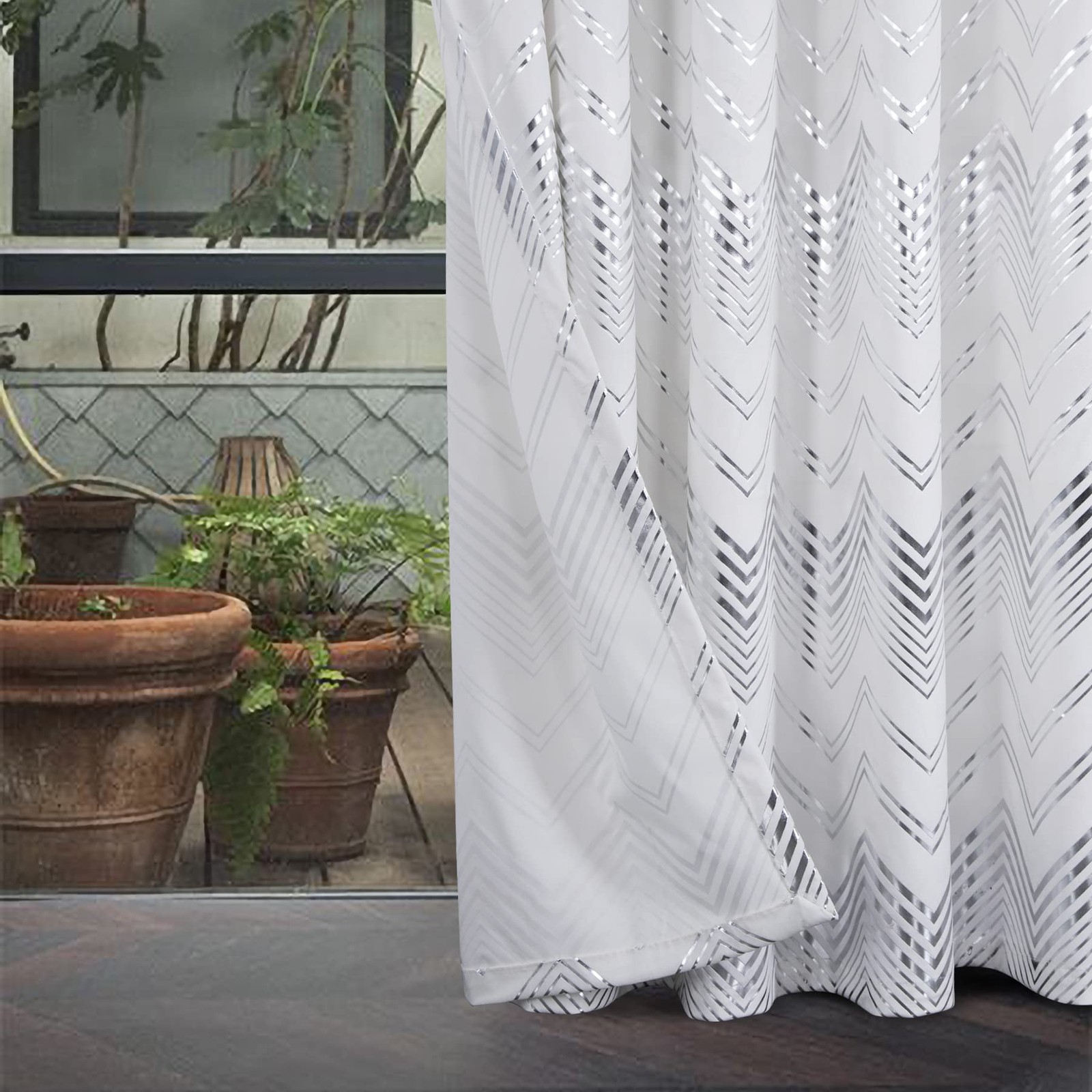Soft Velvet Foil Print Curtains 108 Inches Long White and Gold Chevron Curtai…