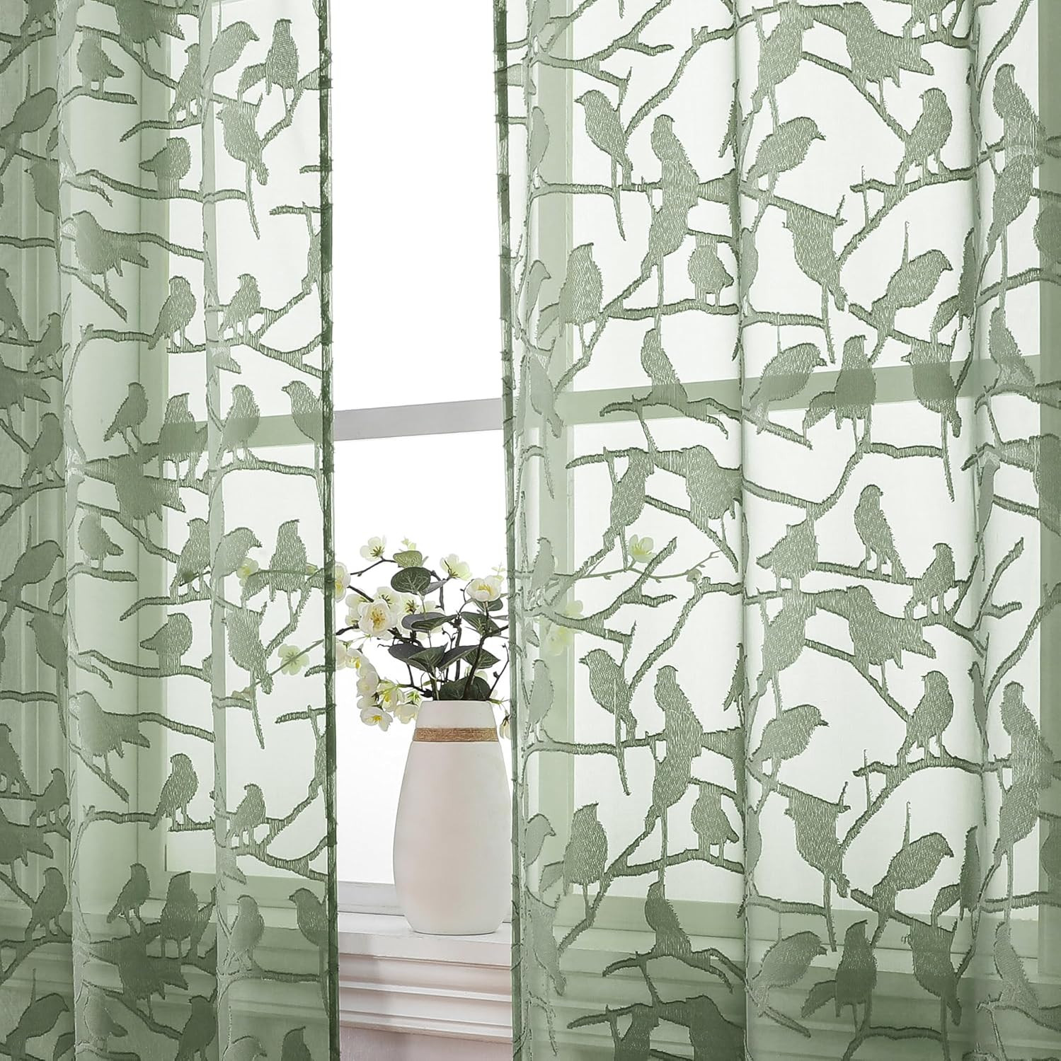 Anji Sheer Sage Green Curtains 63 Inches Long, Light & Airy Privacy Textured She