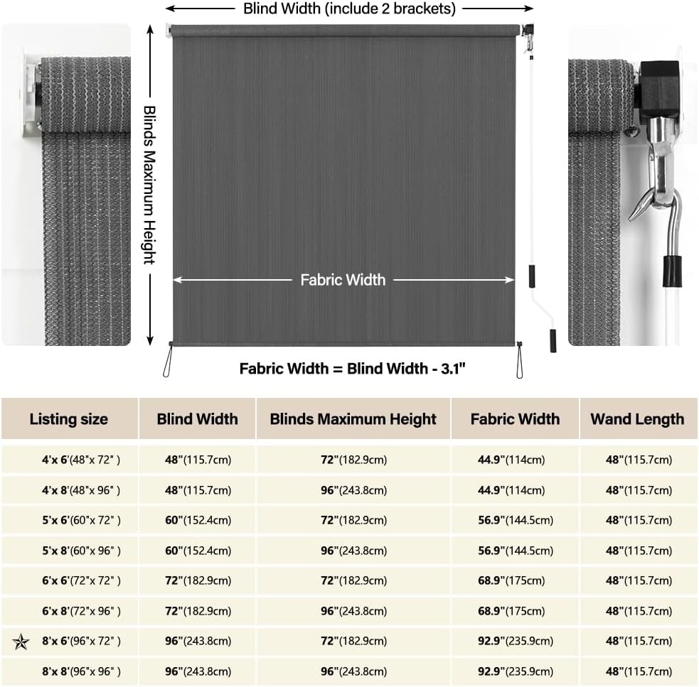 Outdoor Roller Shades 8′ W x 6′ L (96″ W x 72″ H), Cordless Patio Shades Roll Up