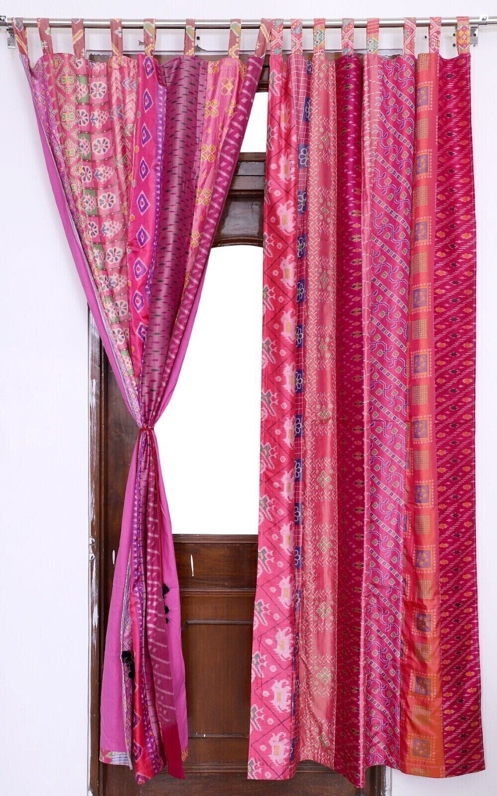 2 Pc Indian Old Recycle Silk Saree Boho Pink Curtain Door Drape Decor Curtain