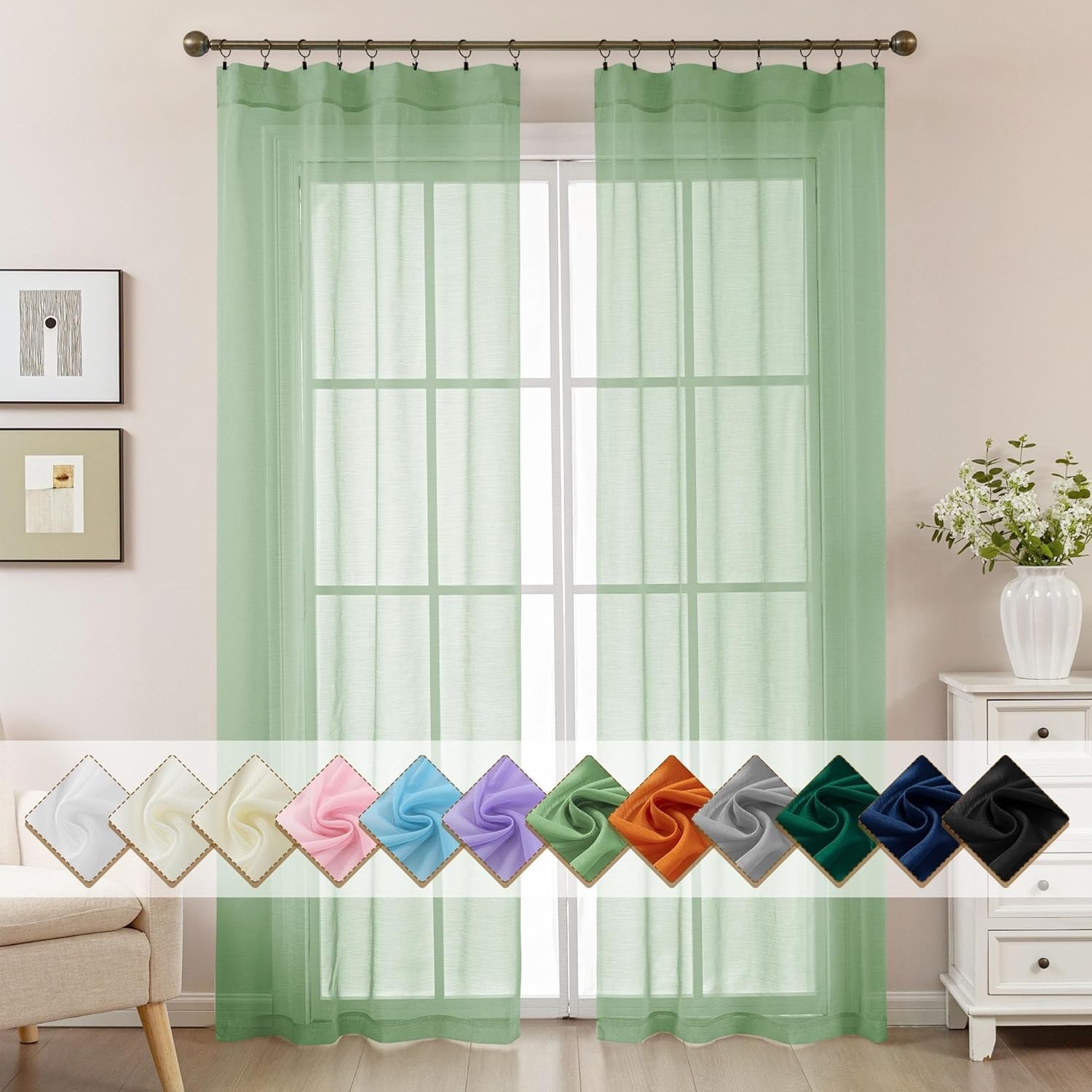 Sage Green Sheer Curtains 84 Inches Long, Privacy Semi Sheer Curtains for Living