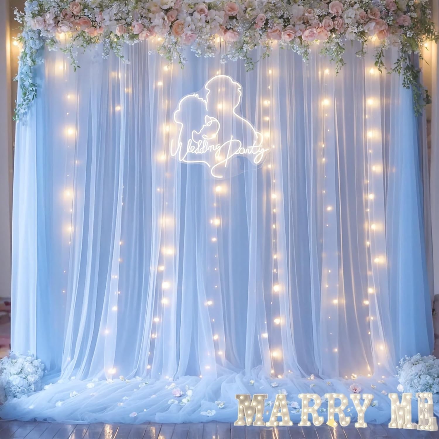 Soft Baby Blue Tulle Backdrop & LED Lights: Perfect for Celebrations 10ft x 8ft