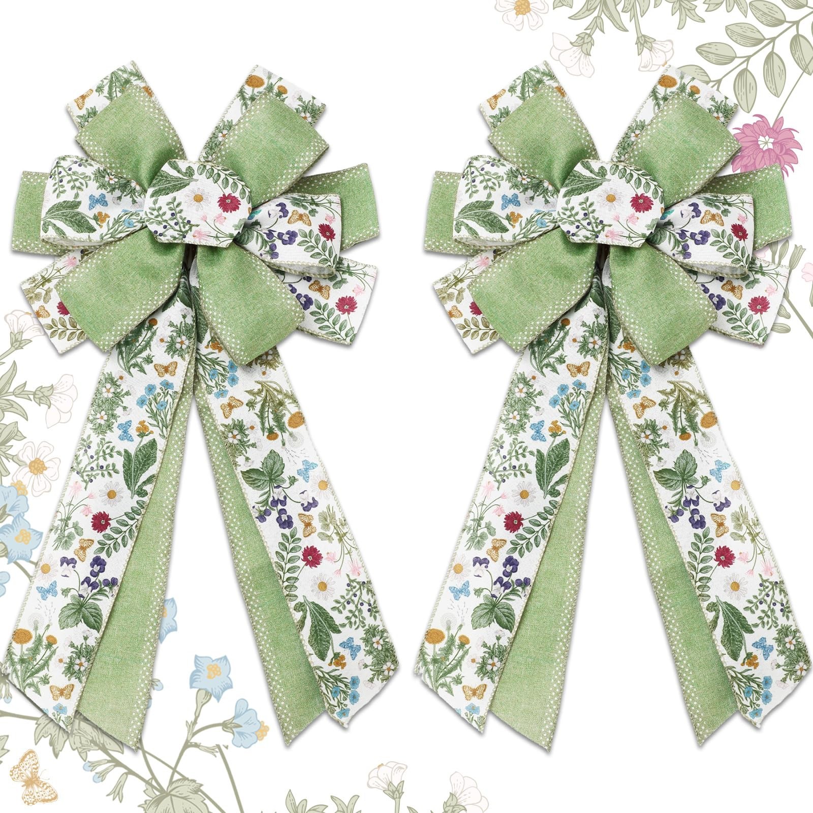 Spring Wreath Bow Green Wildflower Craft Bow Floral Bowknot Front Door Tree T…