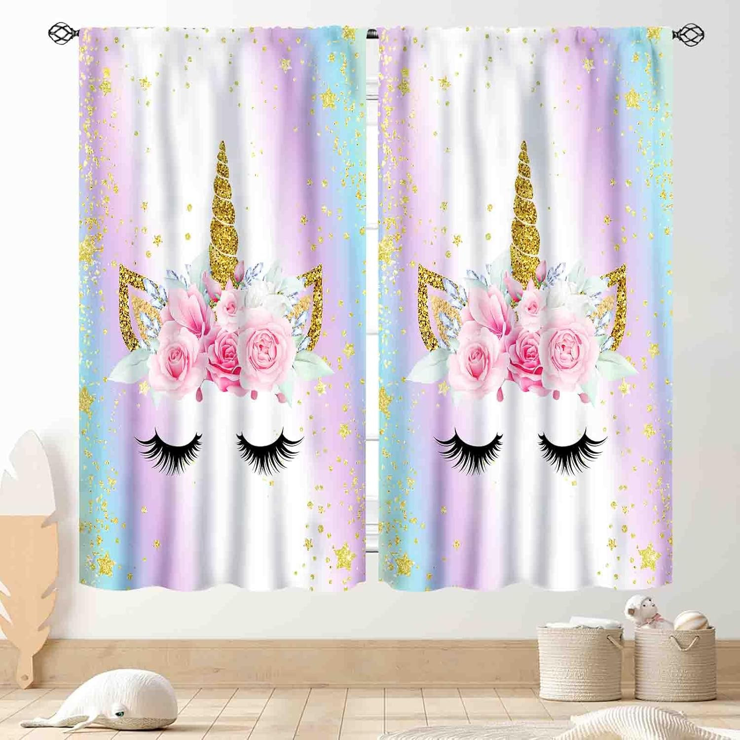 Unicorn Curtains for Girls Bedroom, Ombre Rainbow Pink Gold Princess Unicorn Col