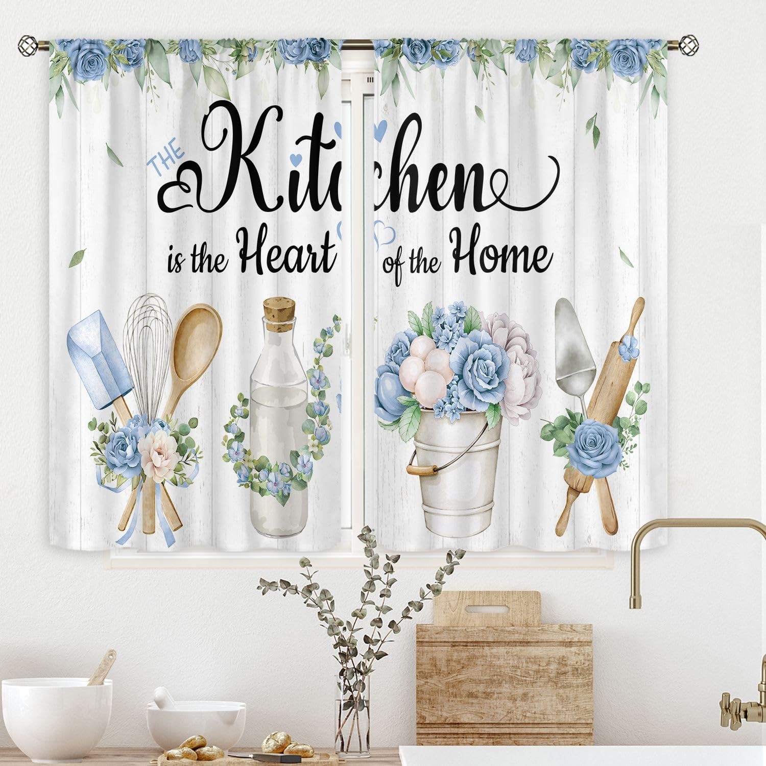Blue Flower Rose Kitchen Curtains 27.5Wx39H Inch Rod Pocket Navy Rustic Flora…