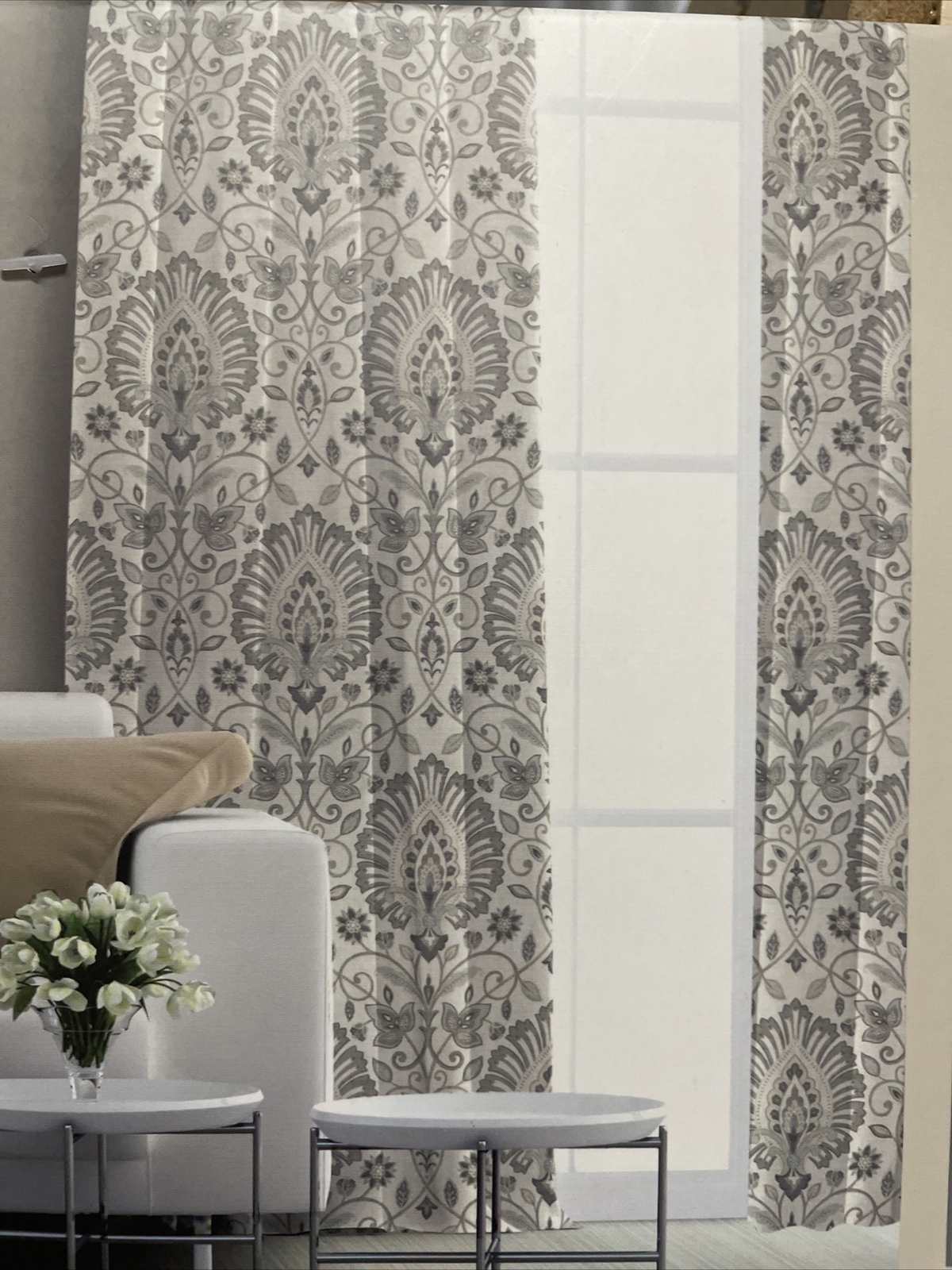 2 – Raymond Waites Curtain Window Panel Damask Grey Taupe Ivory Drapes 42 x 84”