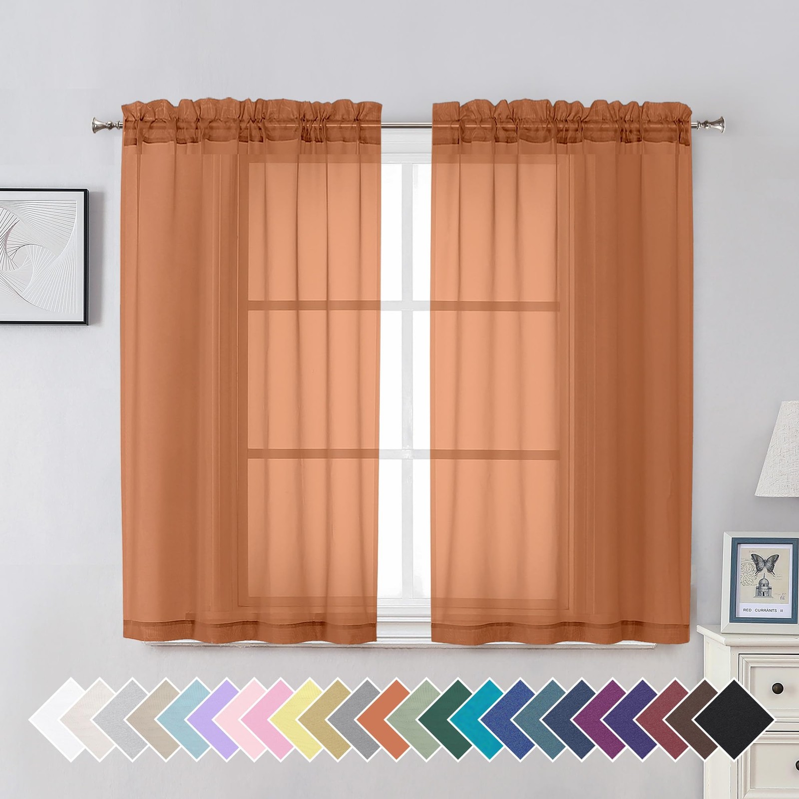Aiyufeng Orange Sheer Curtains 45 inches Long, Short Kitchen Window Treatment…