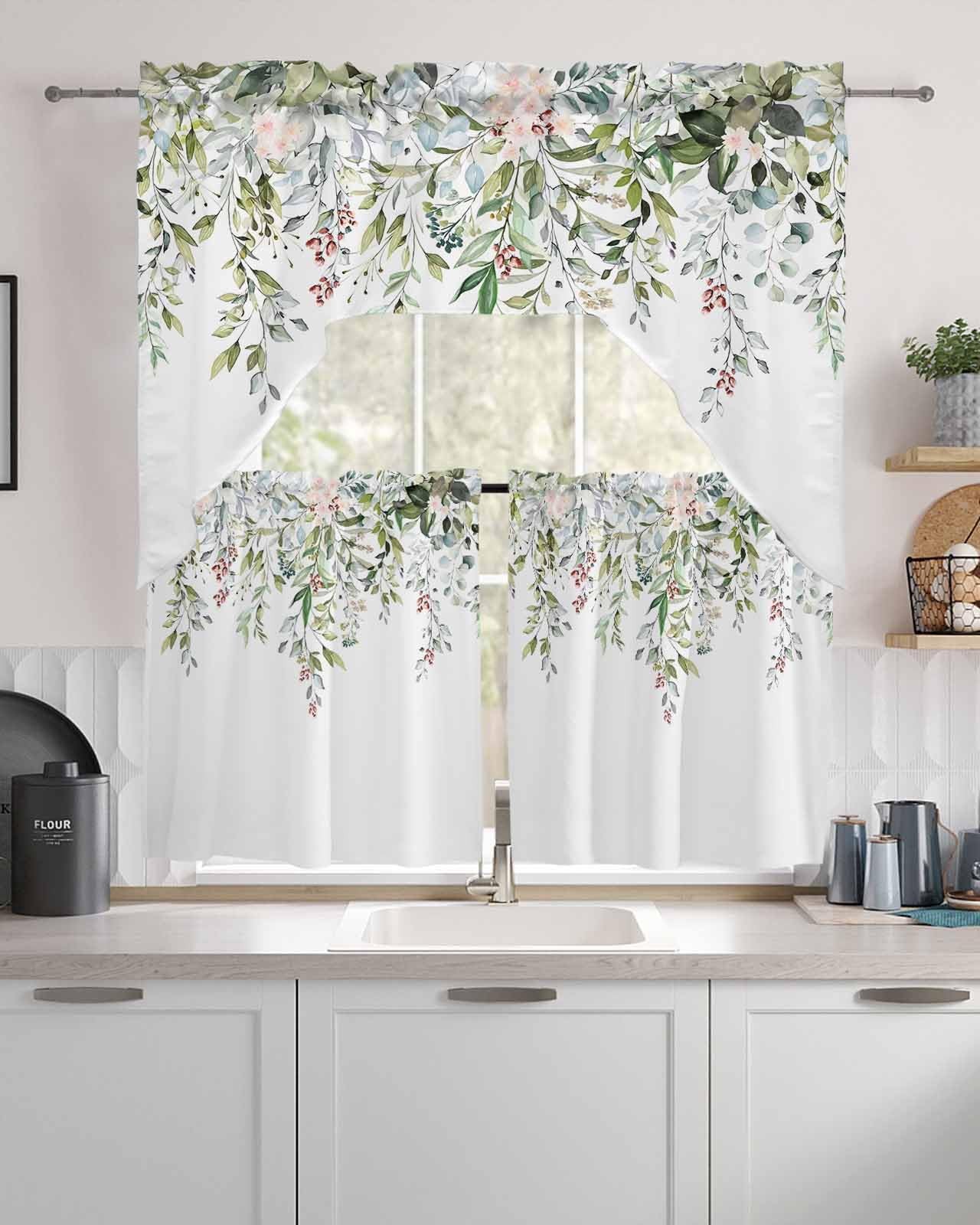 Spring Floral Swag Curtains Valance and Tier Set, Flowers Eucalyptus Leaves R…