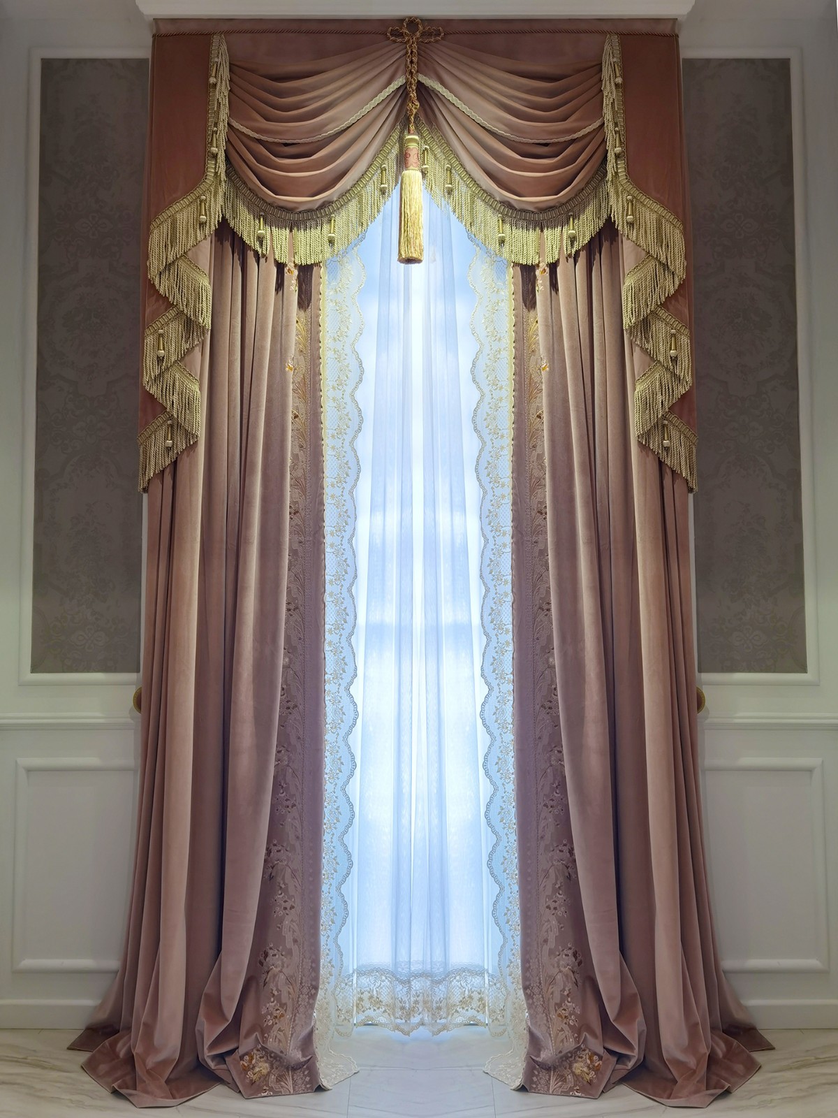 luxury European Embroidery valance pink lace bedroom Velvet curtain tulle M1776