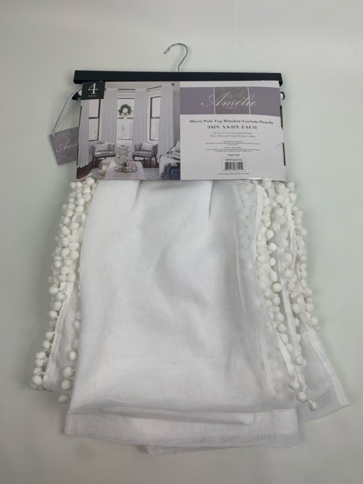 Amelie Sheer Pole Top Window Curtain Panels with Pom Trim White 38×84 NEW NWT