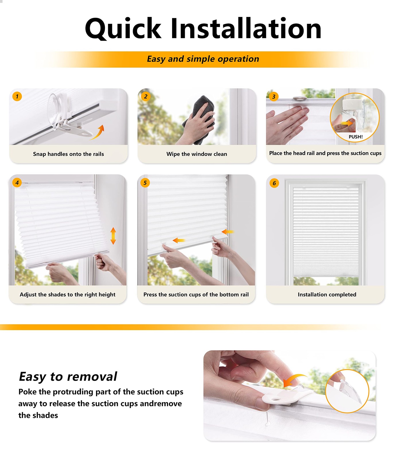 Tool-Cordless Pleated Shades with Suction Cups Light Filtering Top Down Botto…