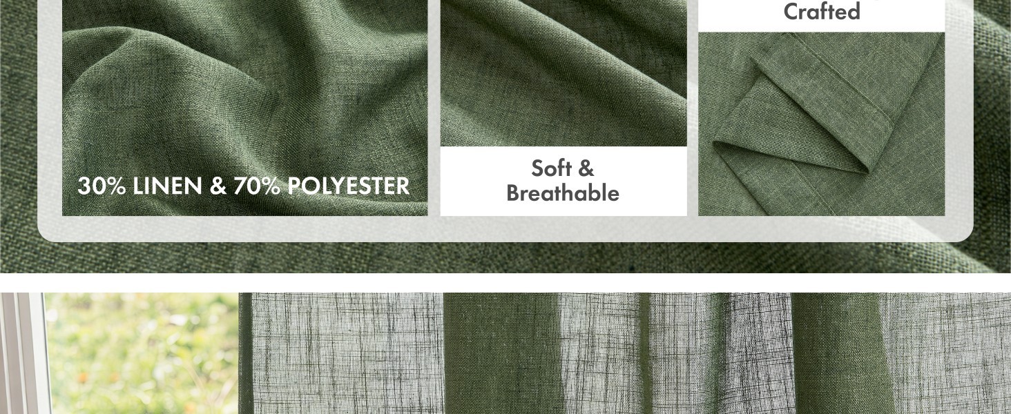 Olive Green Linen Curtains 90 Inch Long 4 Panels Light Filtering Window Drapes