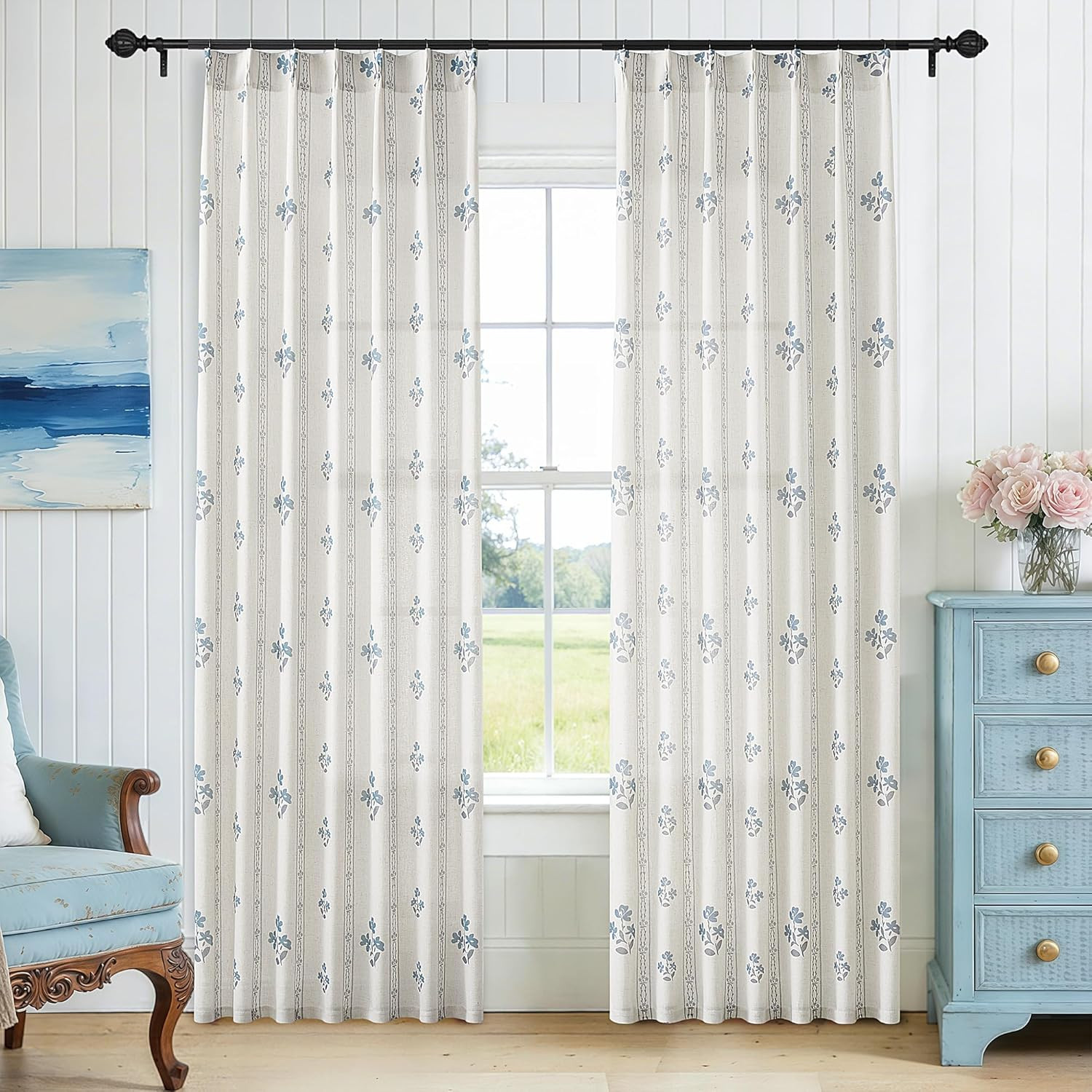 Dusty Blue Pinch Pleated Floral Curtains 108 Inches Long for Living Dining Room