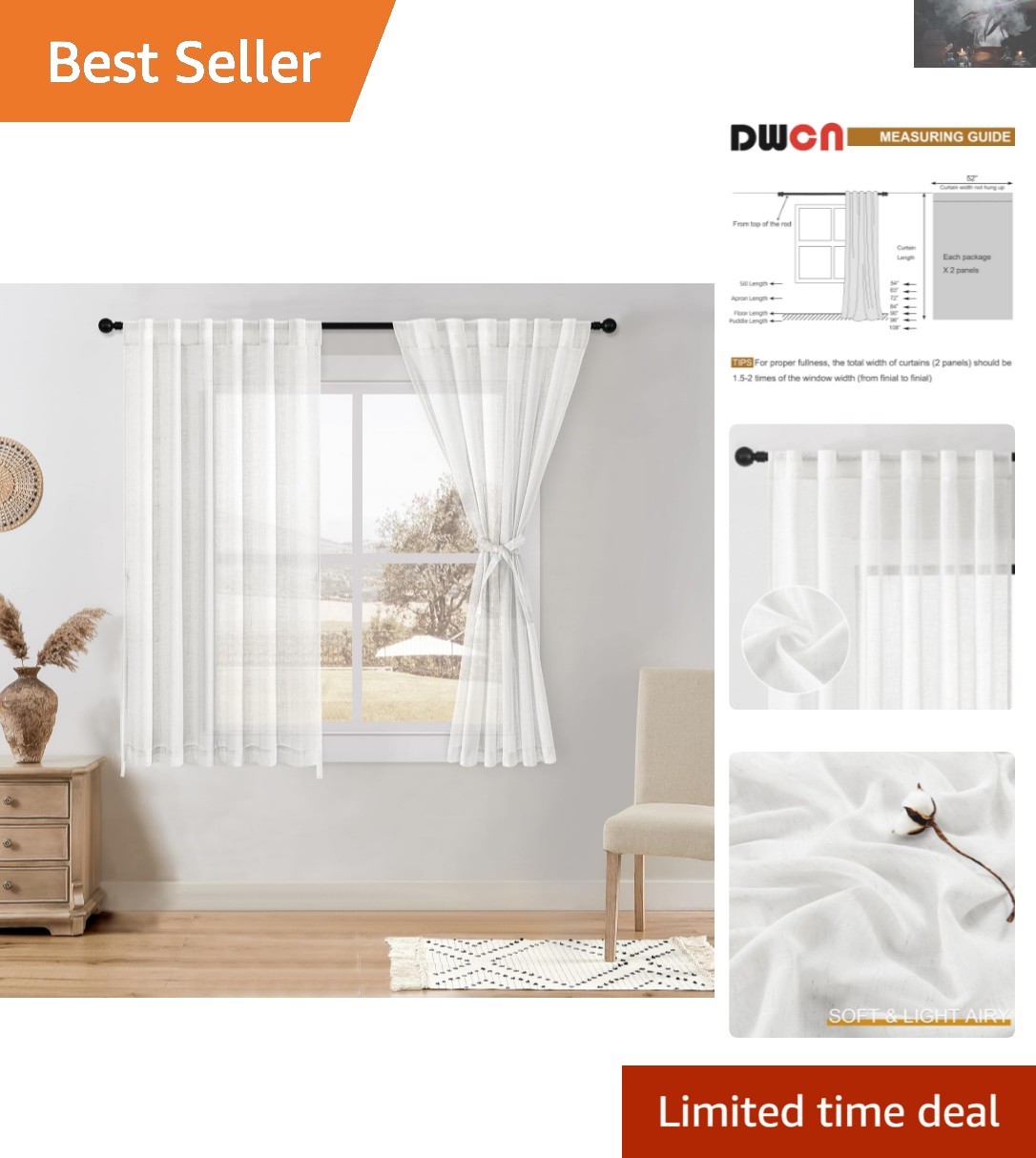 Versatile White Linen Sheer Panels for Light-Filled Living Spaces – 52″ x 45″