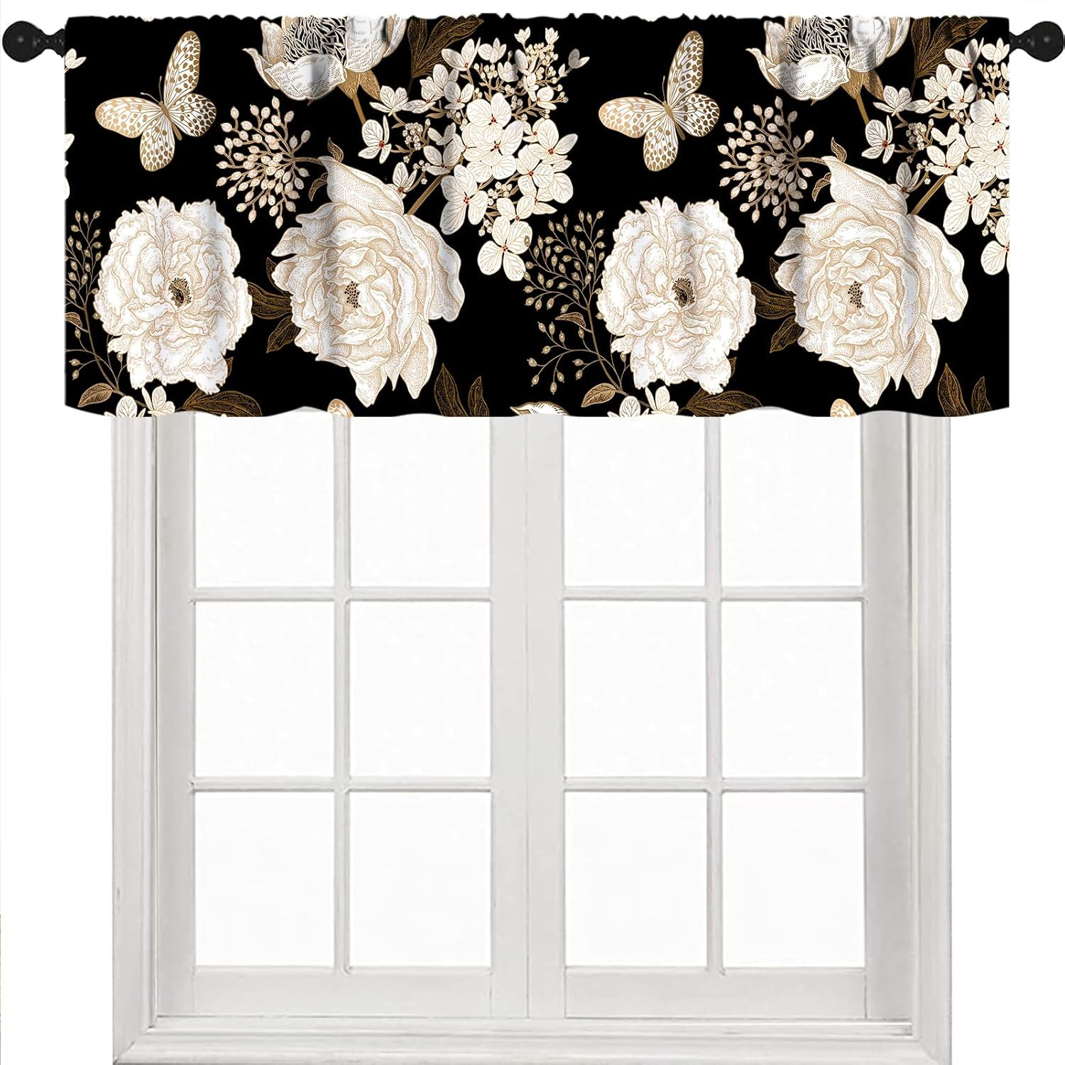 Boho Flower Kitchen Valance,Vintage Black Gold Roses Flower Peony Leaves Aesthet