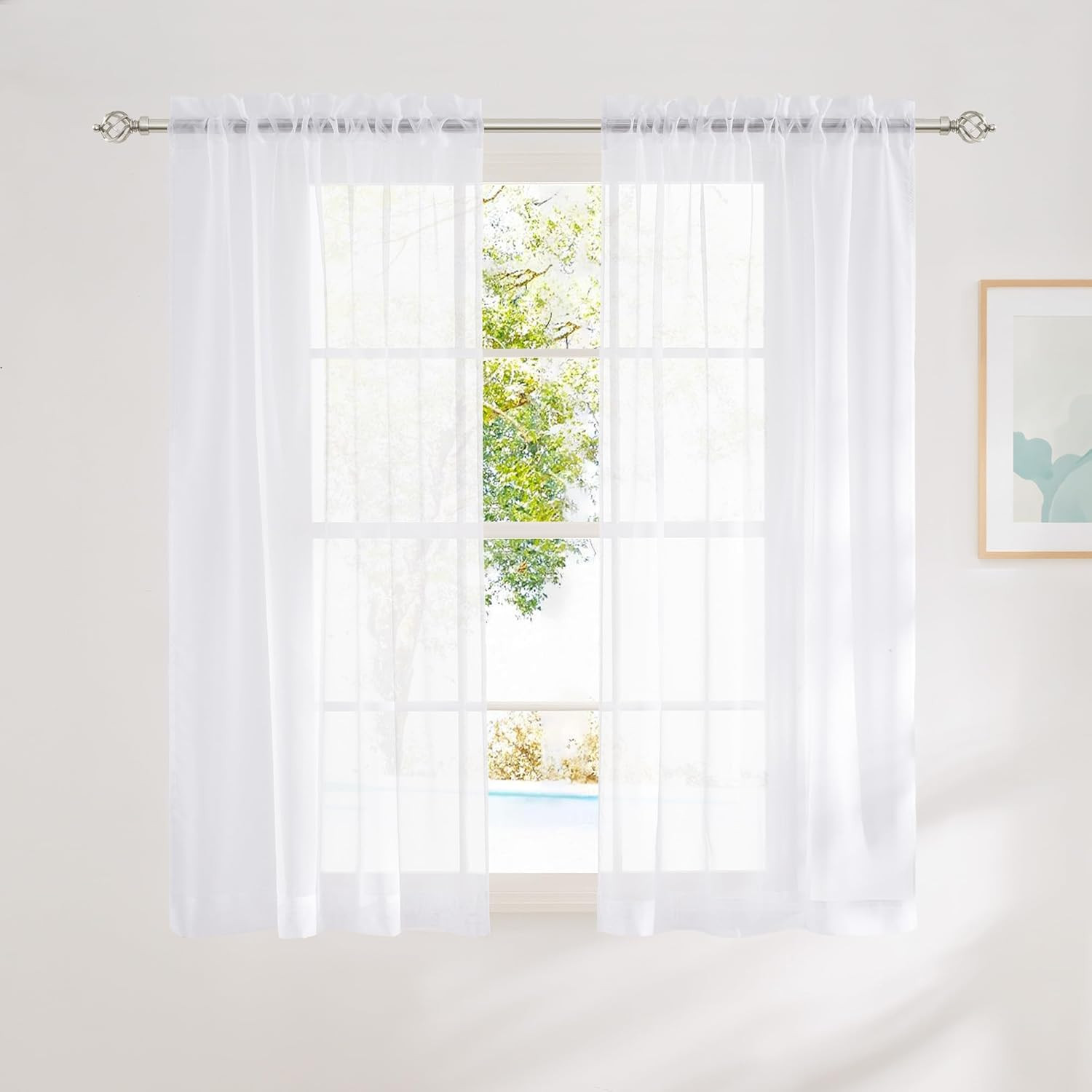 White Sheer Curtains 63 Inches Long for Bedroom, Rod Pocket Lightweight Drapes H