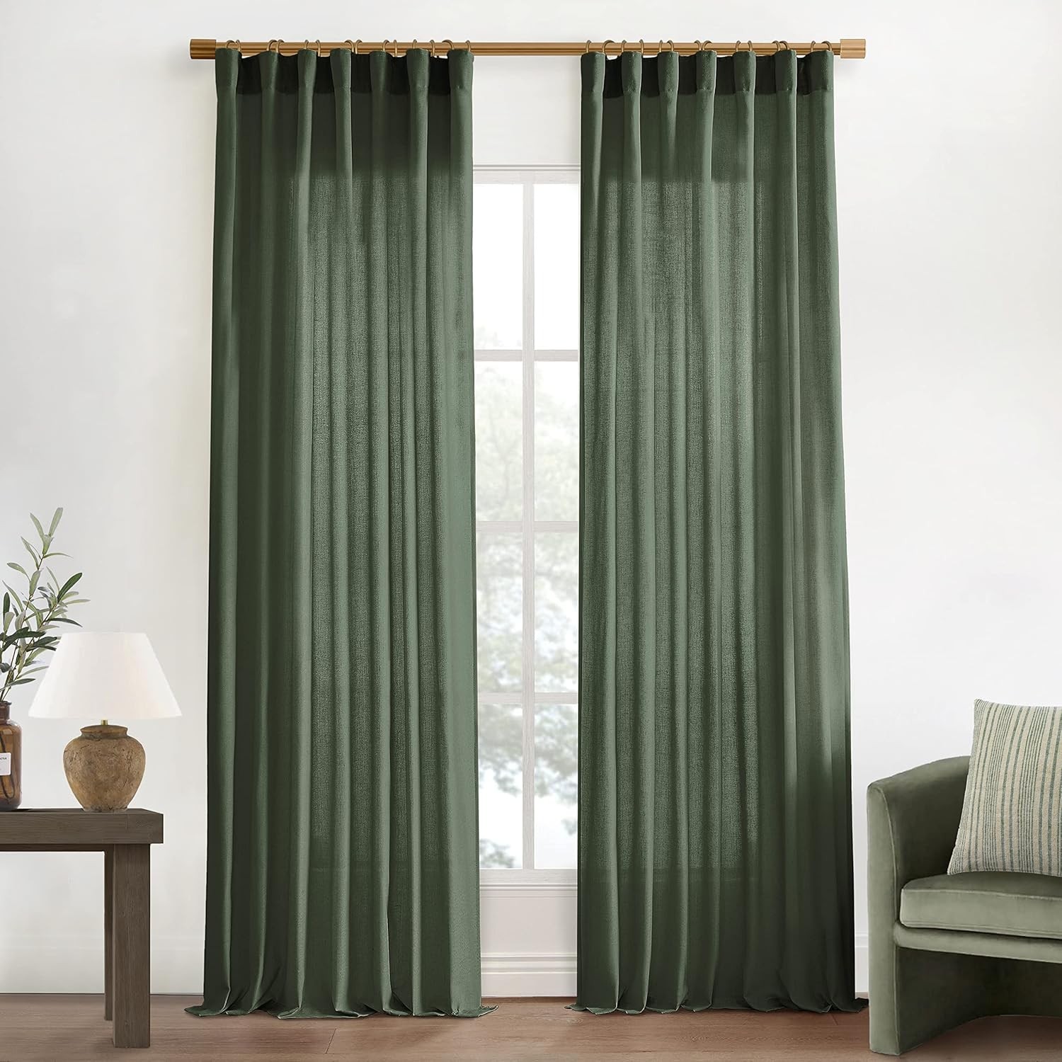 Olive Green Linen Curtains, Light Filtering Sheer Window Treatments, Boho Floor