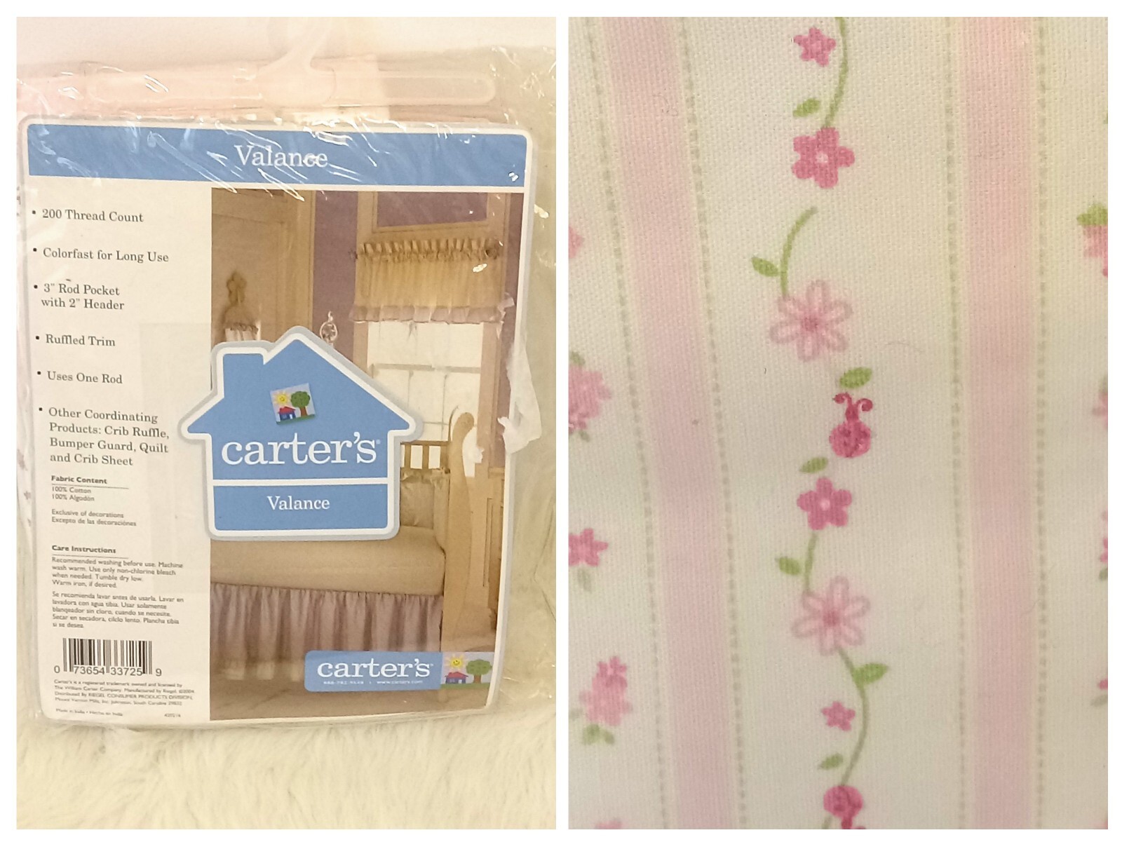 Carters Just One Year Pink Floral Valance 14″x88″ New In Package
