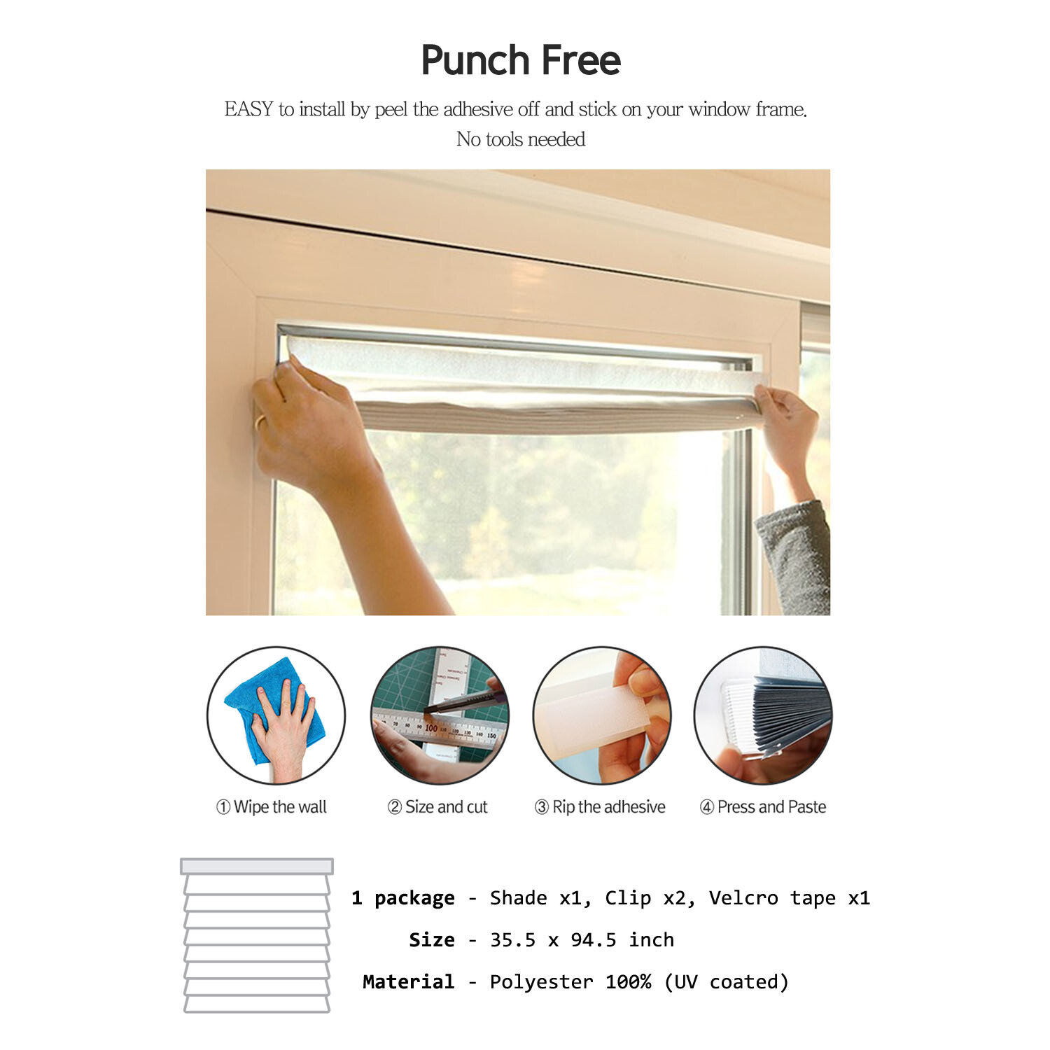 [4 Pack] Versatile Self Shade Blinds No Tools Cellular Shades Korea Made 35×90″