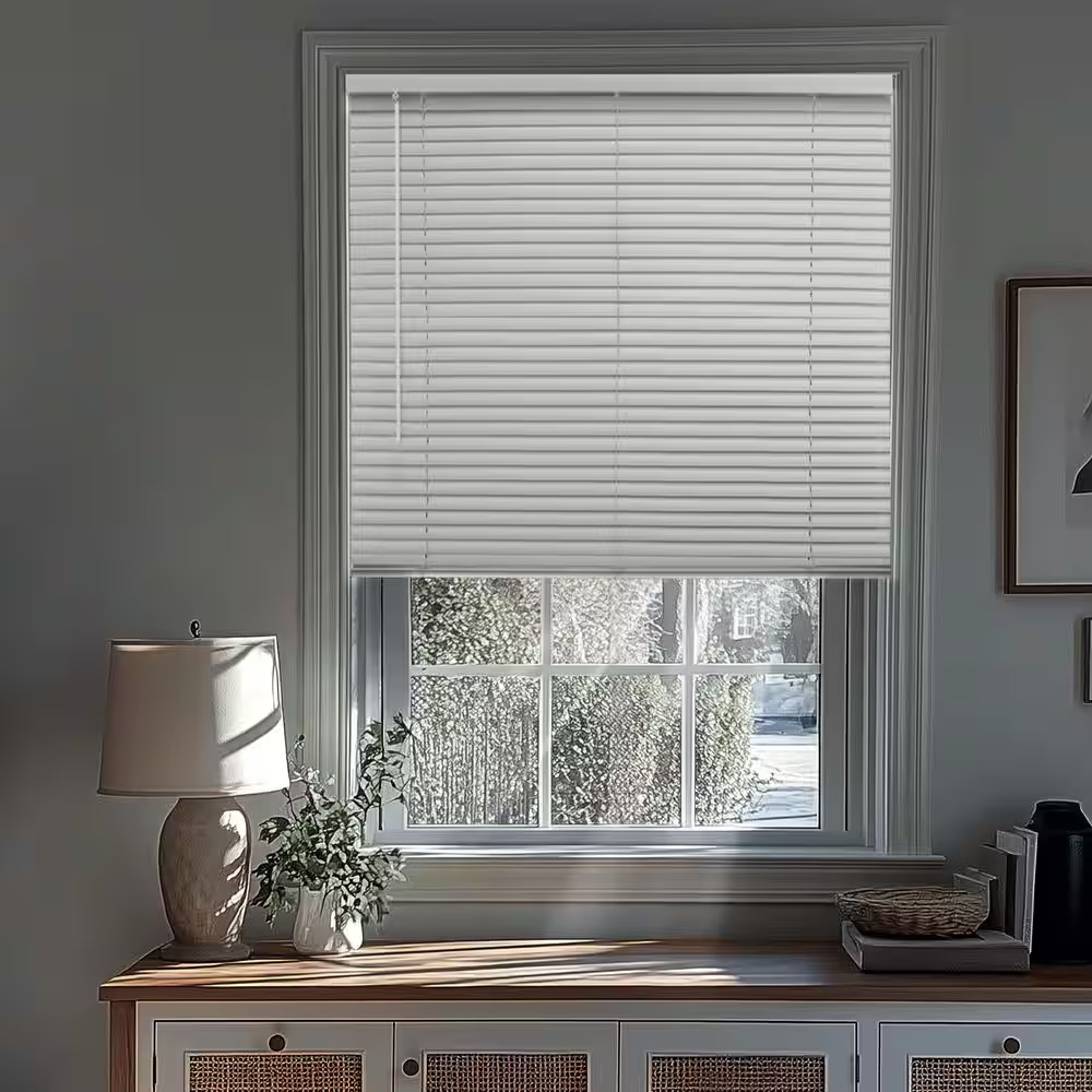 Midnight White Cordless Blackout Vinyl Mini Blind with 1 In. Slats – 74 In. W X