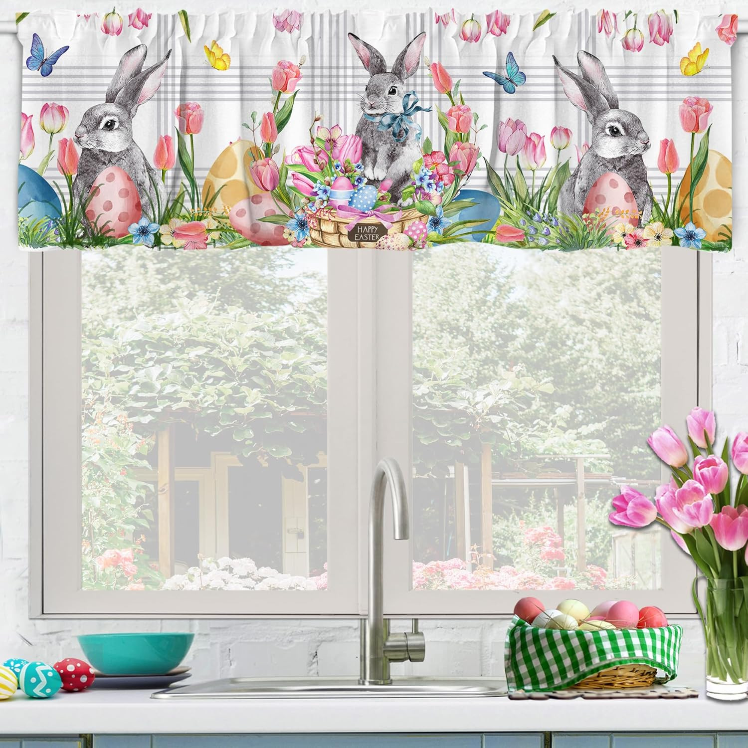 Easter Valance Curtain for Kitchen 18″X54″ Easter Decoration for Home, Buny Pink