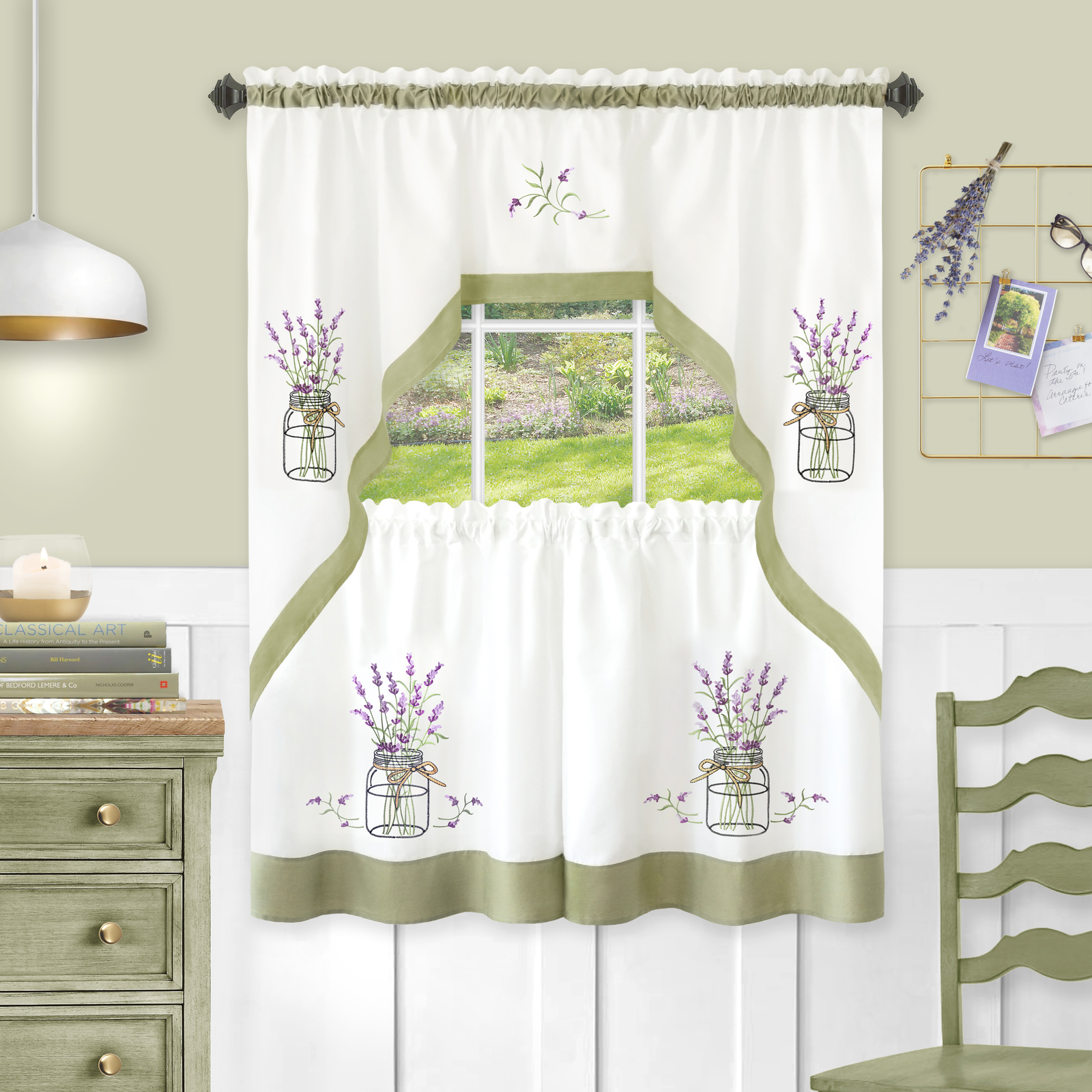 3PC Lavender Design Swag Pair Tier Curtains Set Rod Pocket Window Panel Bedroom