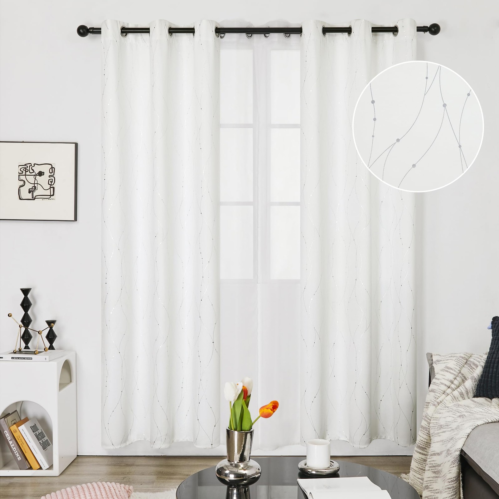 Room Darkening Curtains, Pure White Thermal Grommet Drapes, Silver Wave Dots …