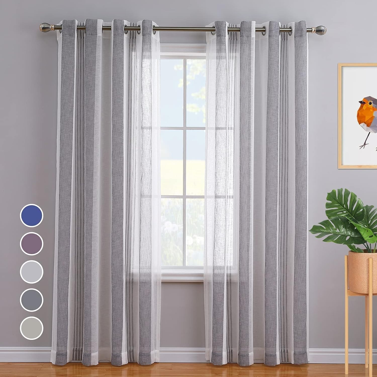 Sheer Curtains 63 Inches Long 2 Panels Set 52″W x 63″L Linen Lightweight Gray
