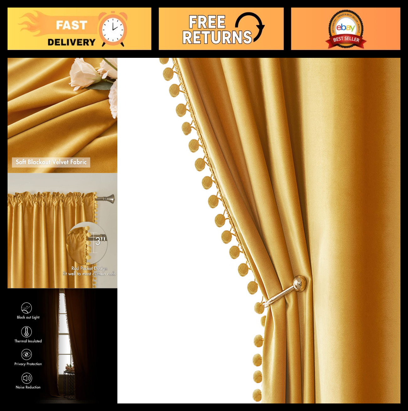Mustard Yellow Velvet Pom Pom Curtains – 84″ Blackout Thermal Insulating, Set of