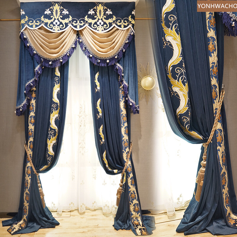 elegant Villa blue velvet thick cloth blackout curtain valance tulle panel C323