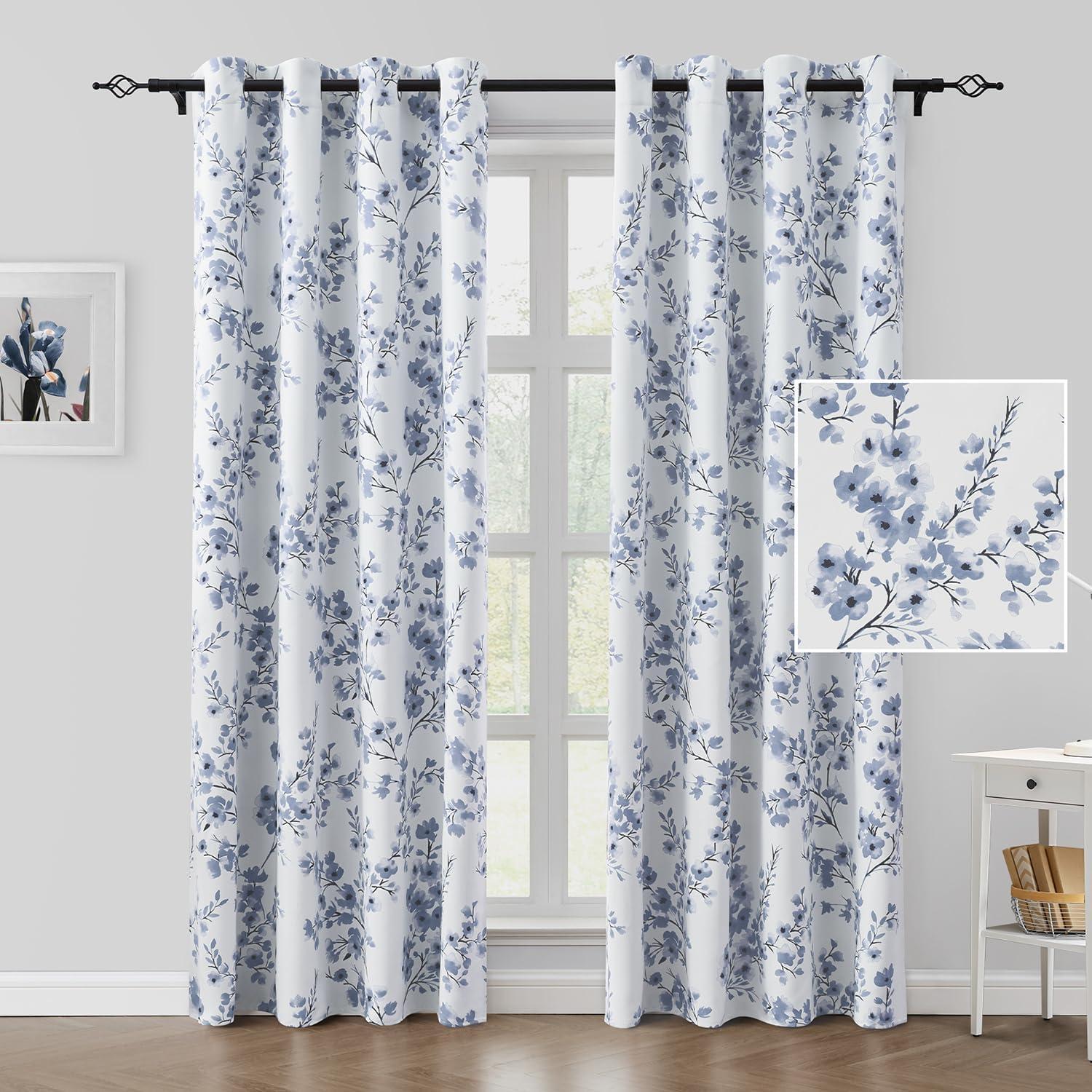 Cortinas Opacas Con Estampado Floral Azul Grisã¡ceo, 132 X 244 Cm