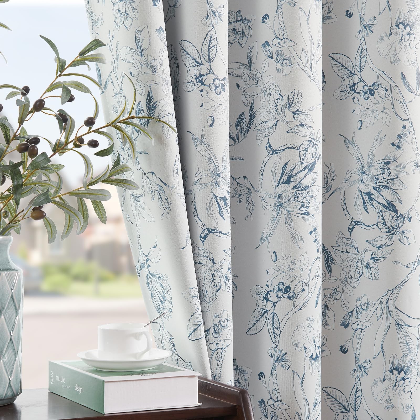 Jinchan Floral 95 Curtains For Bedroom 84 Inches Long Blue Flower Patterned