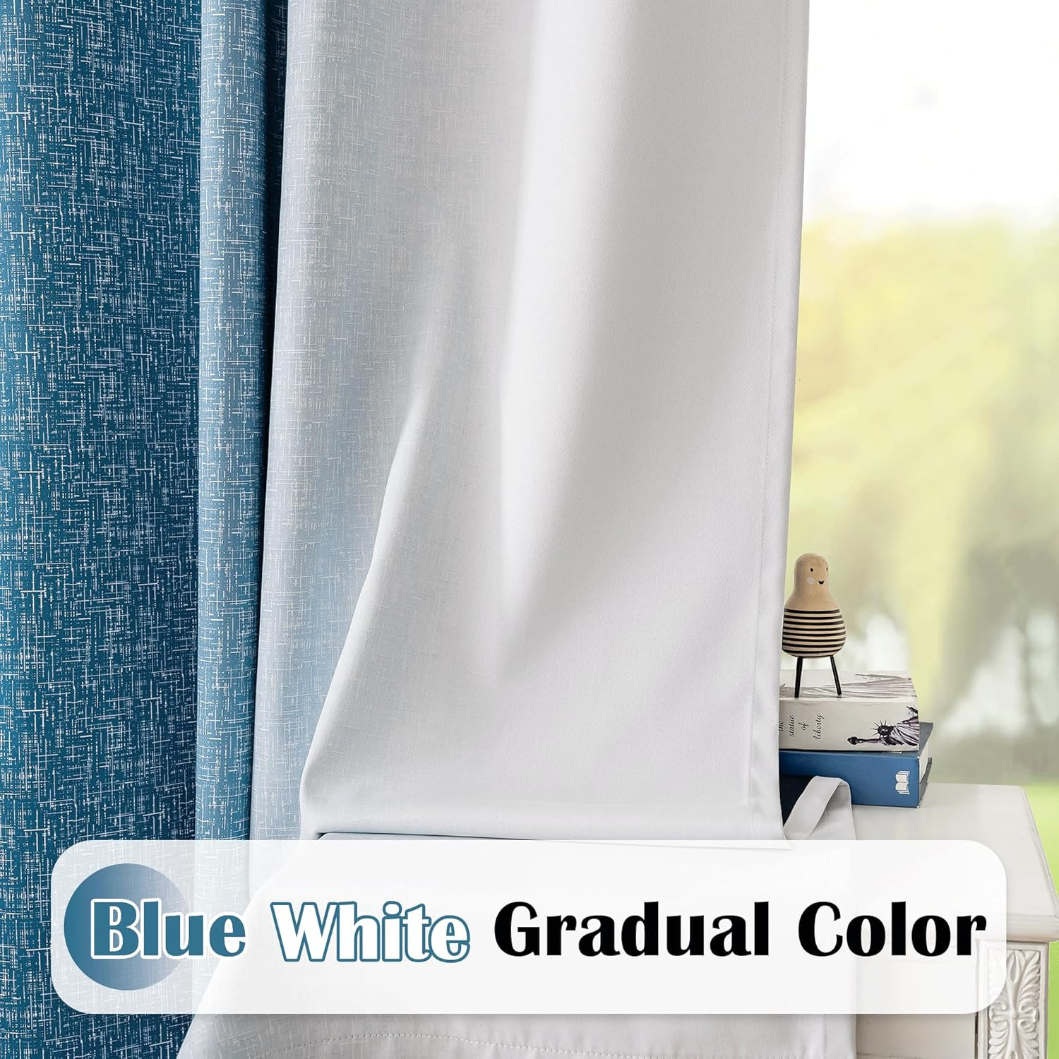 Ombre Blackout Curtains 52X72, 2 Panels Blue White Gradient Thermal Drapes