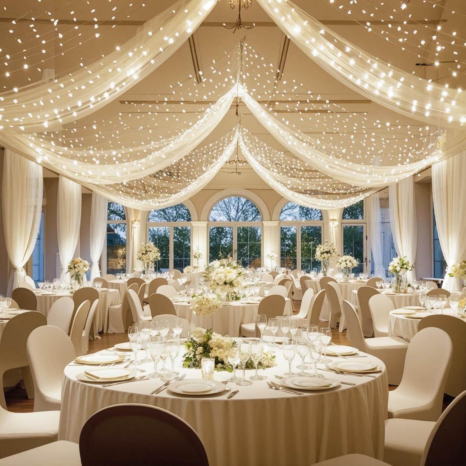 Ivory Sheer Tulle Ceiling Drapes with Lights for Weddings & Parties 5x10ft