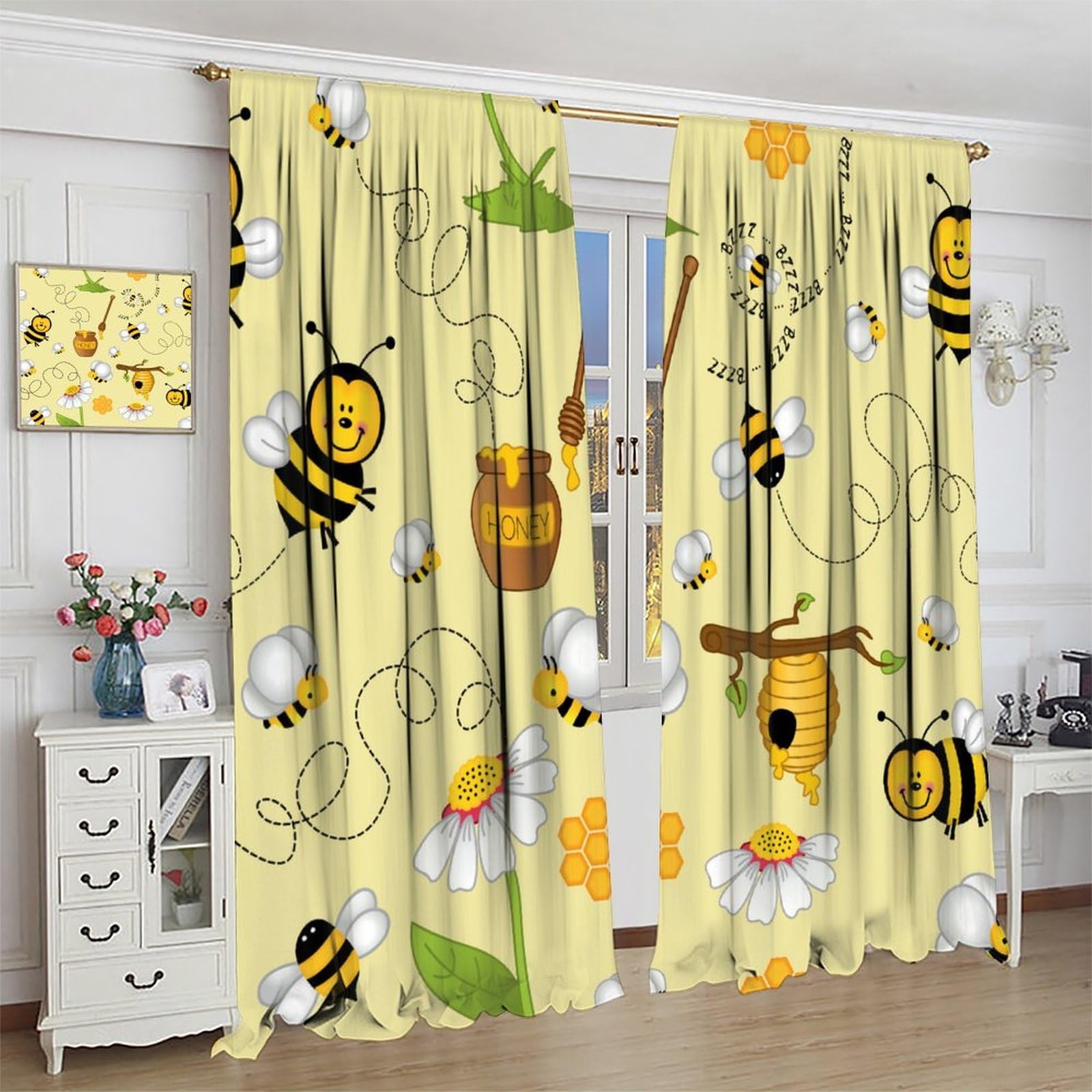 Honey Bee Curtains, Fluttering Bees Daisy Honey Pollen Spring Animal Print,fo…