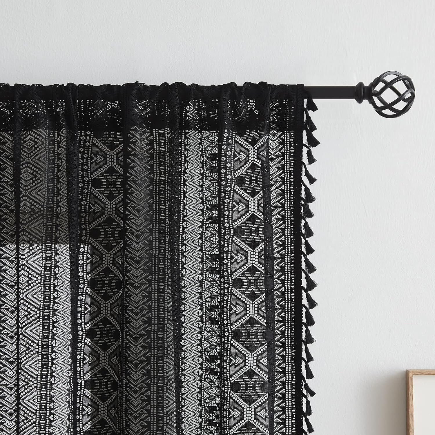 Black Boho Sheer Lace Curtains Textured Tassel Geometry Crochet Curtain Panels B