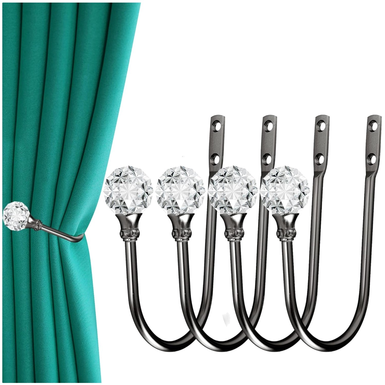 Elegant 4 Pcs Wall Mounted Curtain Holdbacks with Crystal Balls in Matt Black