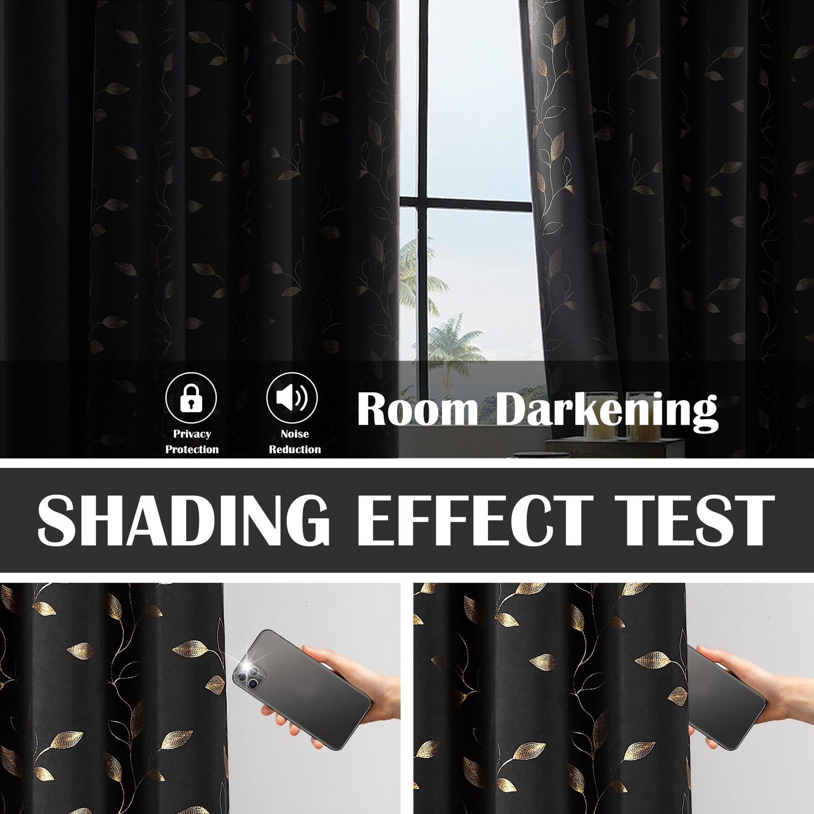Gold Black Full Blackout Curtains Print Golden Leaf Patterned Room Darkening …