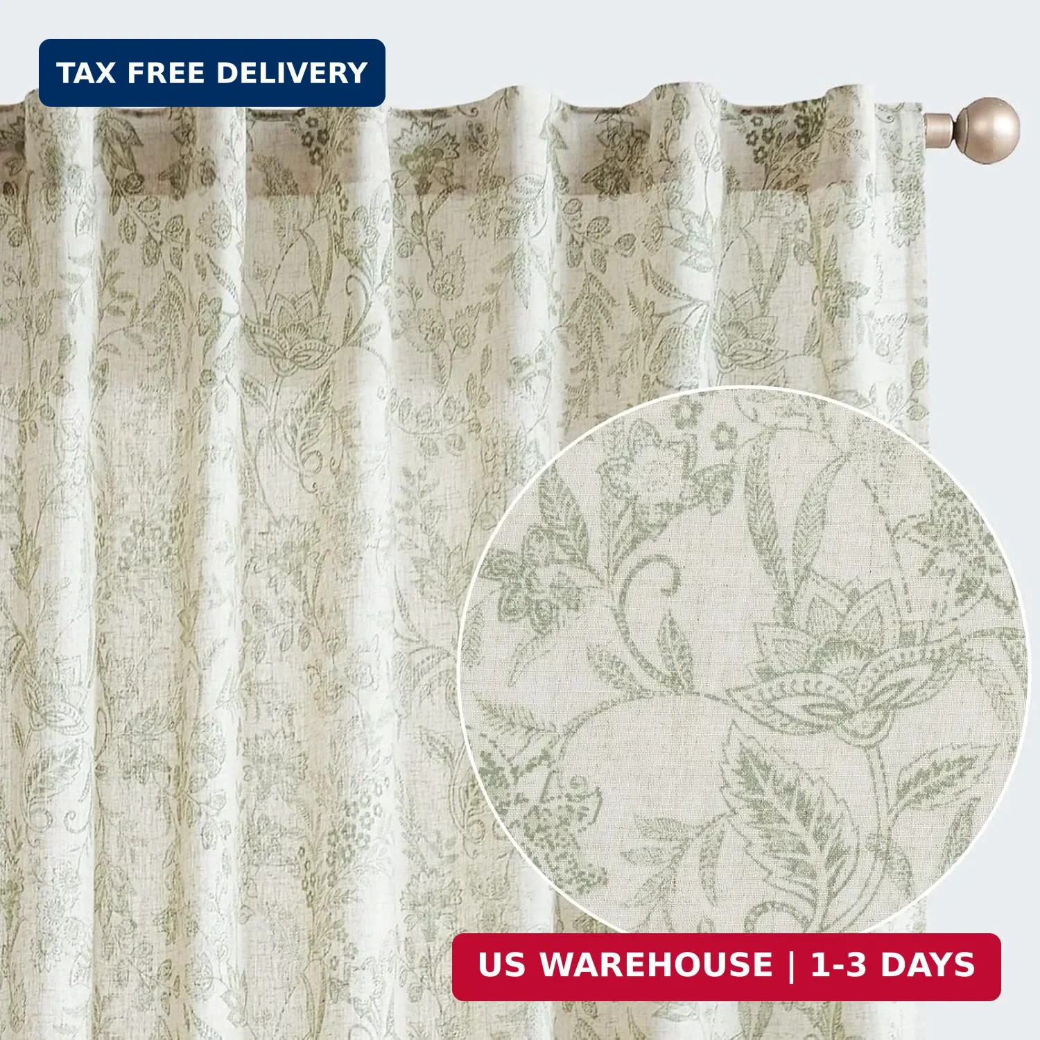 Green Floral Linen Curtains 84 Inch 2 Panels French Country Farmhouse Semi Sheer