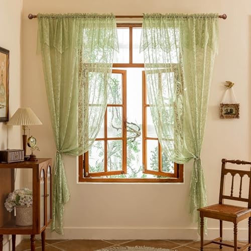 Sage Lace Sheer Curtains with Valance 84 Inches 60″W x 84″L (Pack of 2) Green