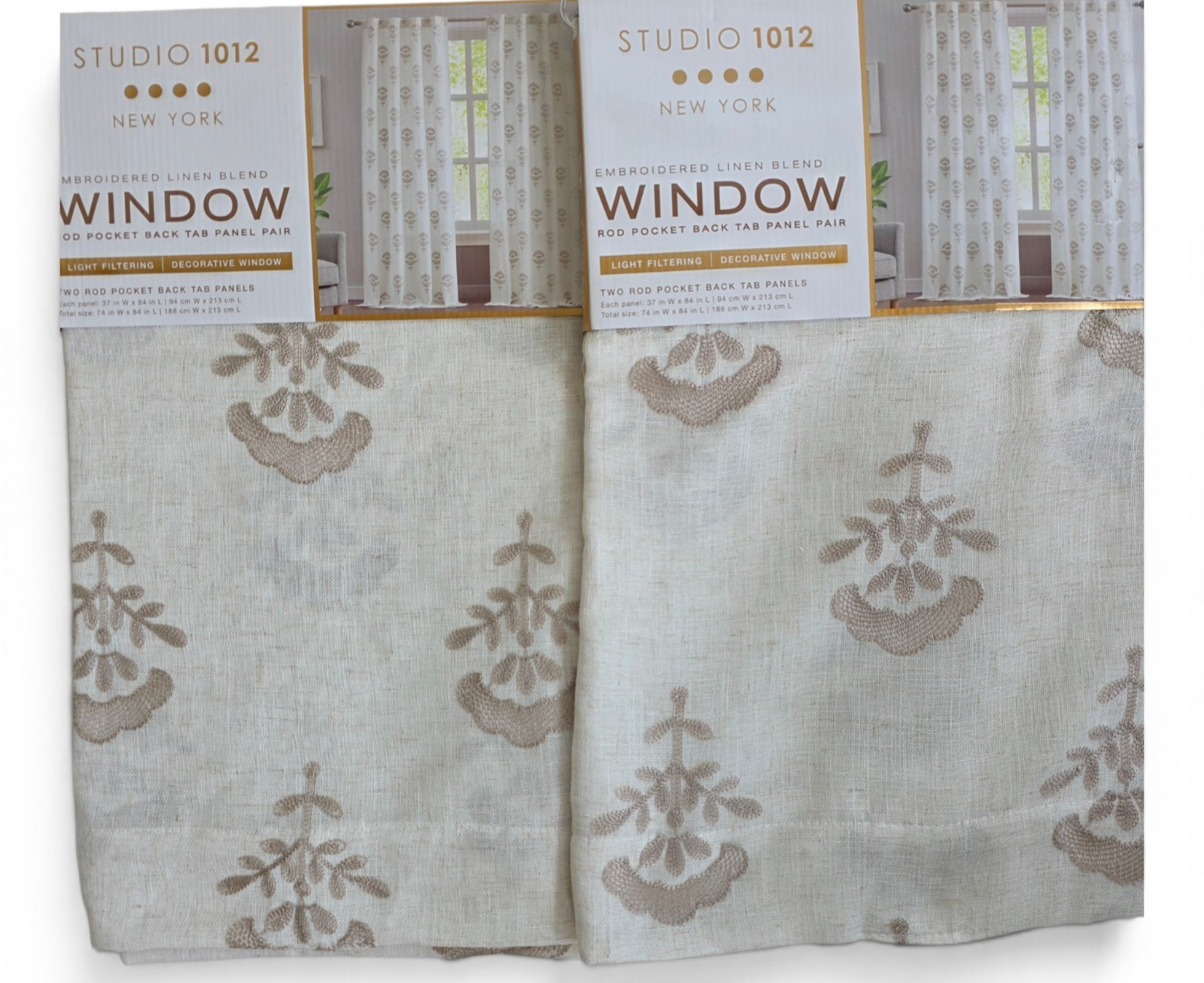 Studio 1012 Embroidered Linen Blend Curtain Panels 37×84 Beige Set of 4