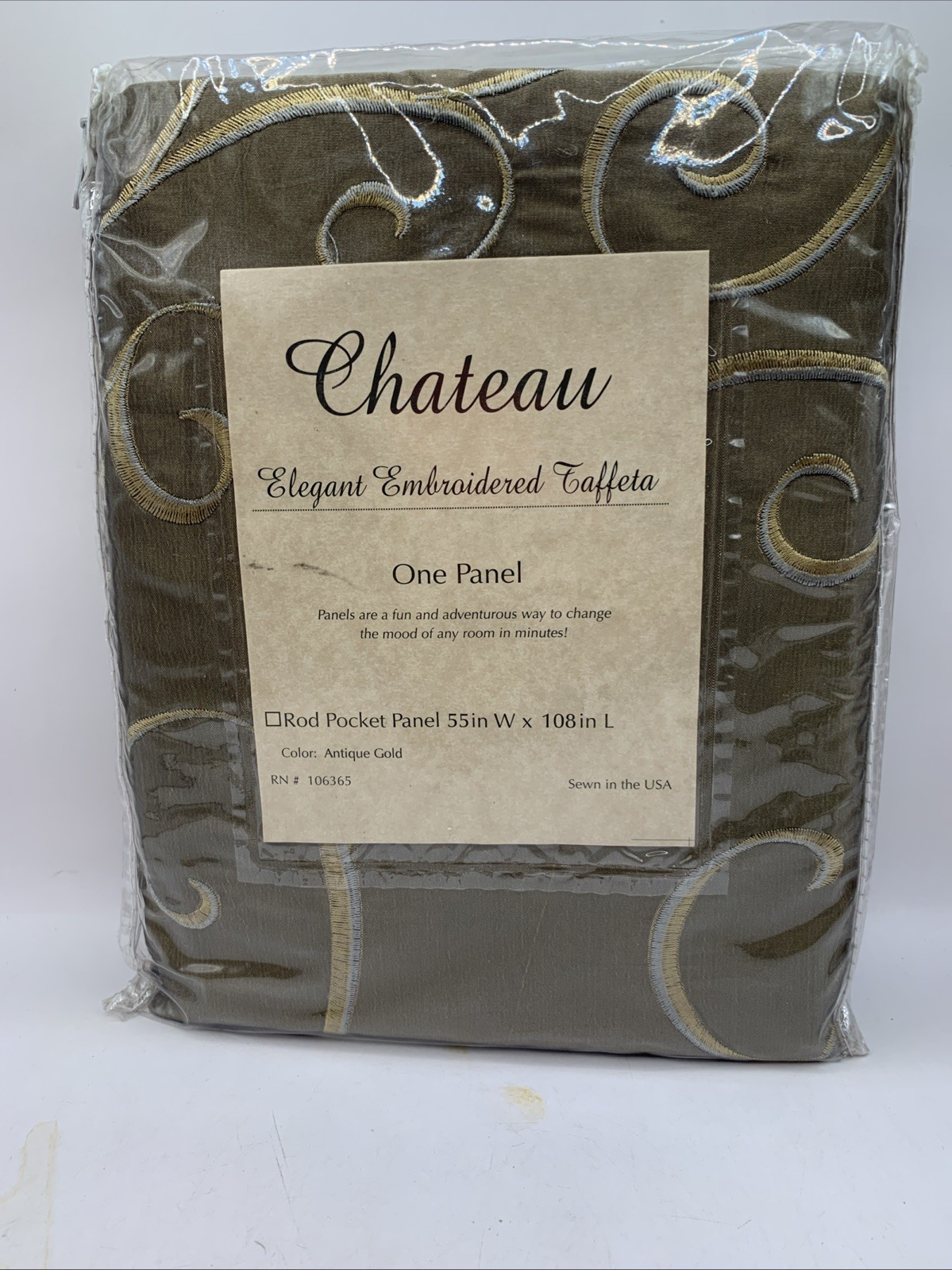 Rod Pocket Curtain Panel Embroidered Taffeta 55″W x 108″L Swirls Pattern Gold