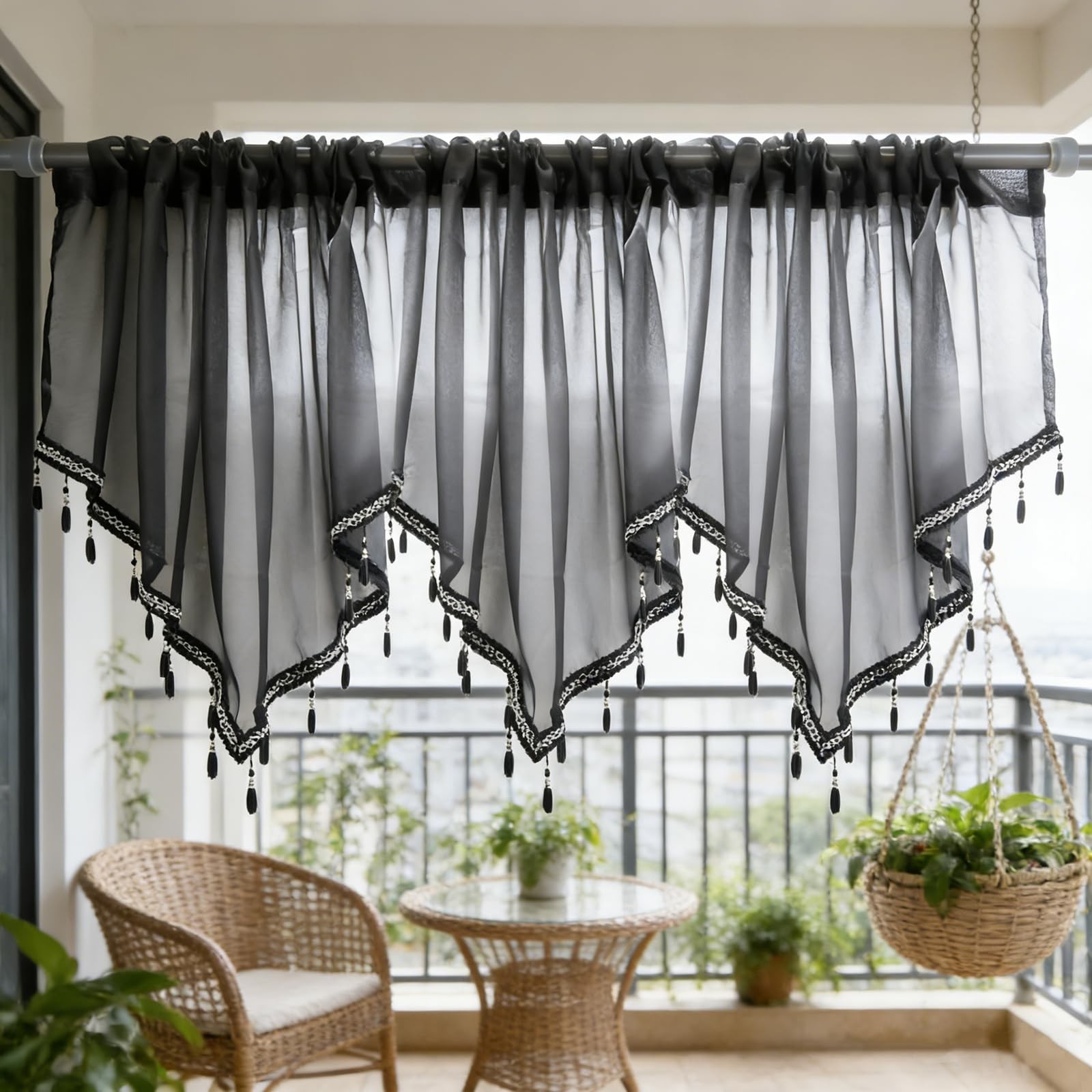 3 Pieces Black Beaded Sheer Valance with Rod Pocket Scalloped Window Curtains…
