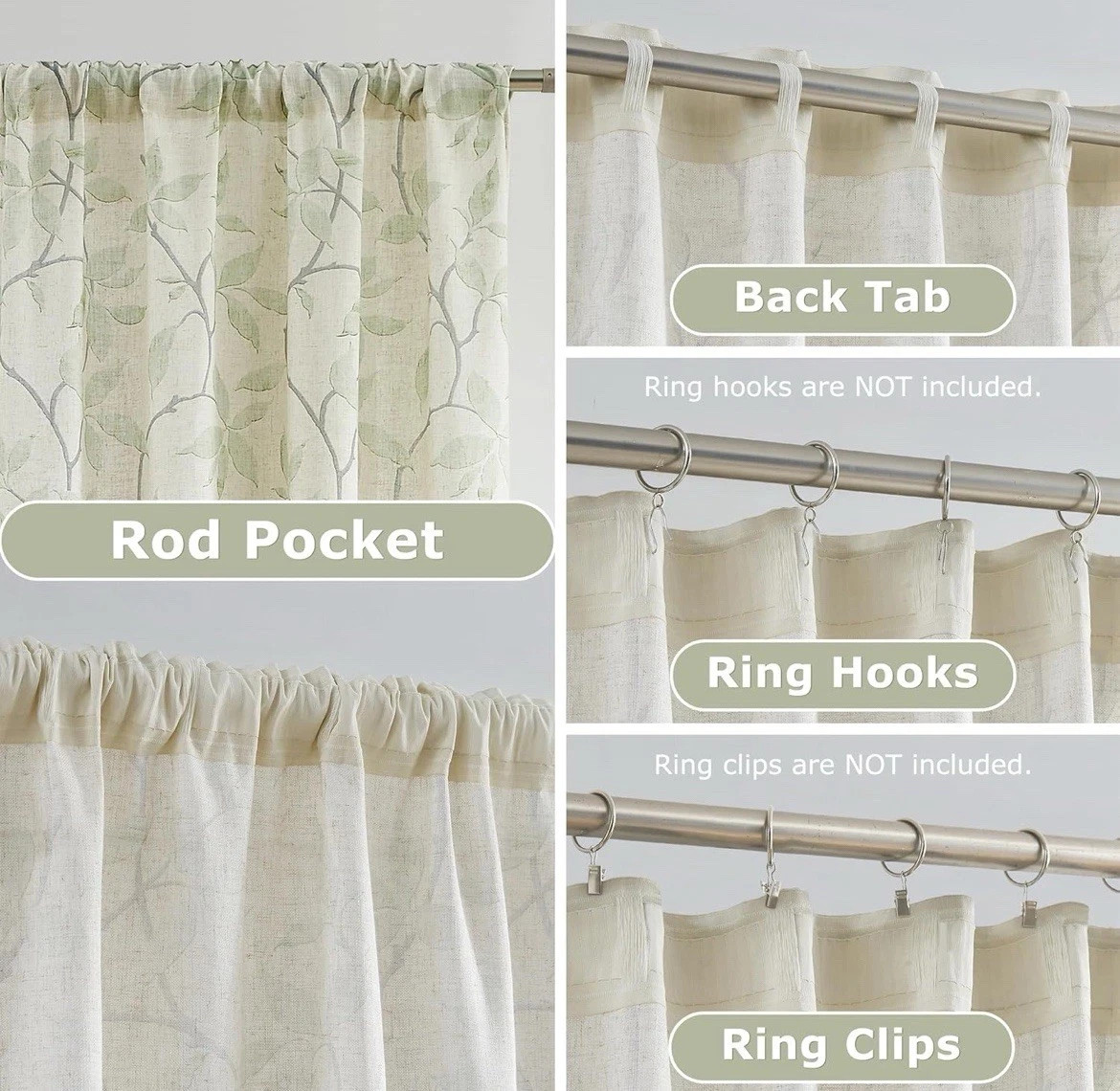 Semi Sheer Curtains 90 Inches Length, Farmhouse Printed Green Leaves 40×90