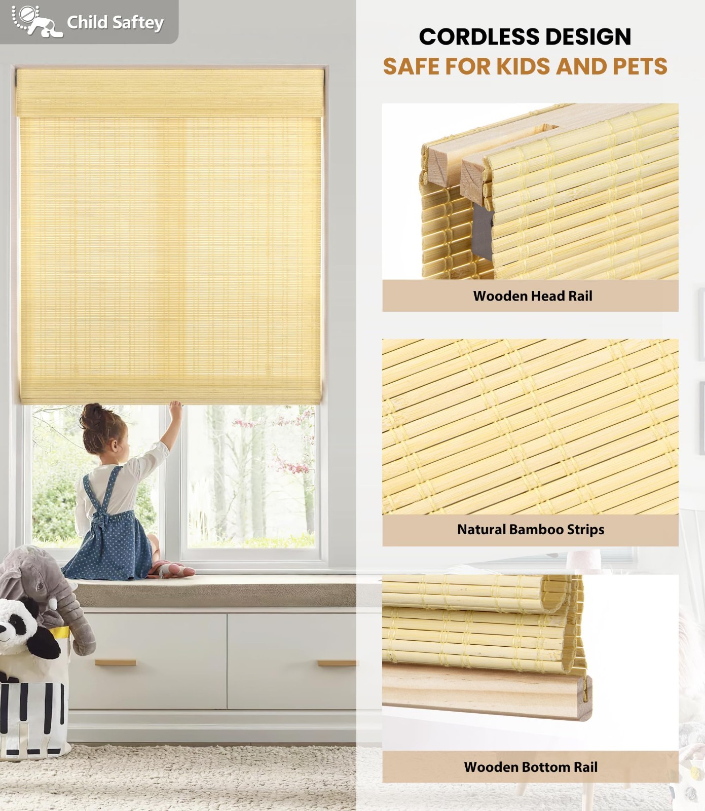 LazBlinds 34» W x 64» H, Ceylon Natural No Tools No Drill Cordless