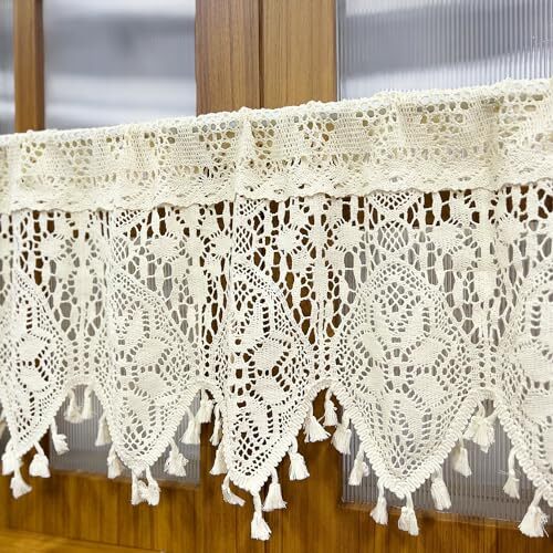 Rustic Crochet Curtains Valance for Kitchen Cotton W35 L15 Inch Beige Sheer